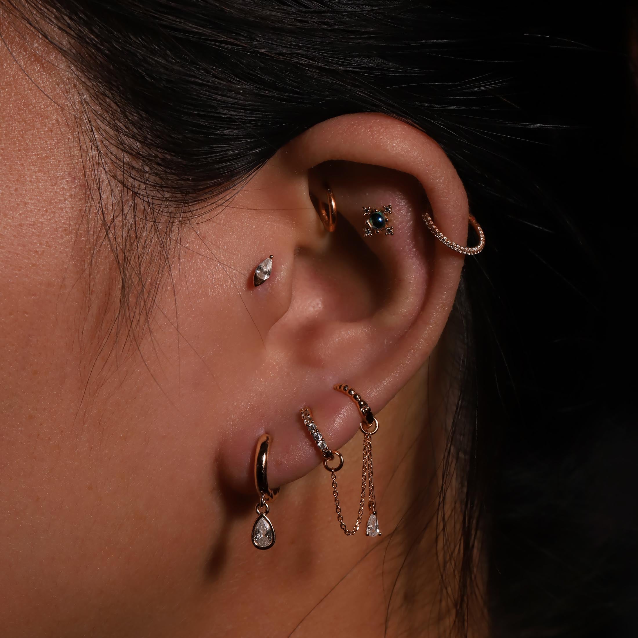 Teardrop Gemstone Pendant Earring Huggie Hoops On Model - Rose Gold