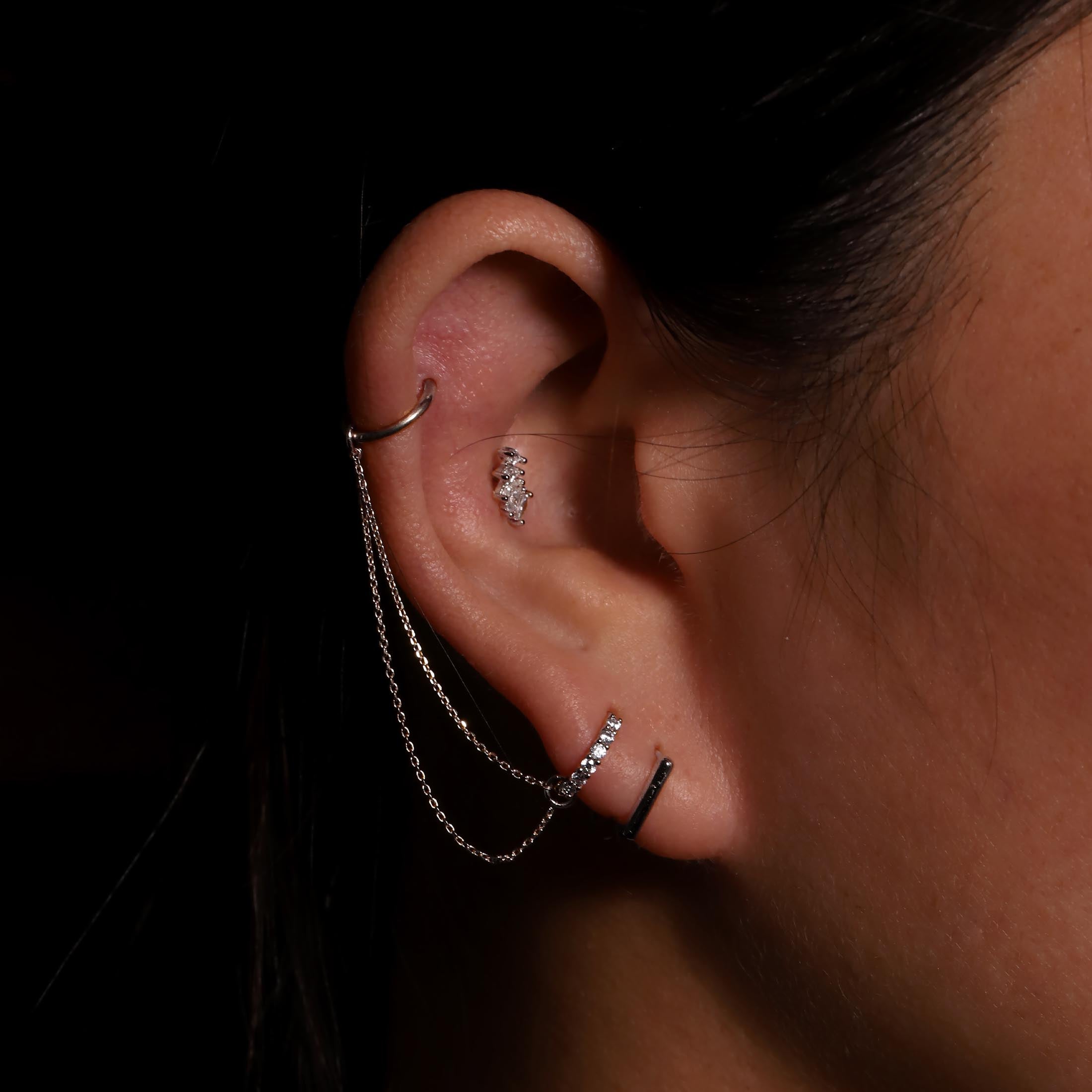 Valis Bar Earring Huggie Hoops On Model 2 - Sterling Silver