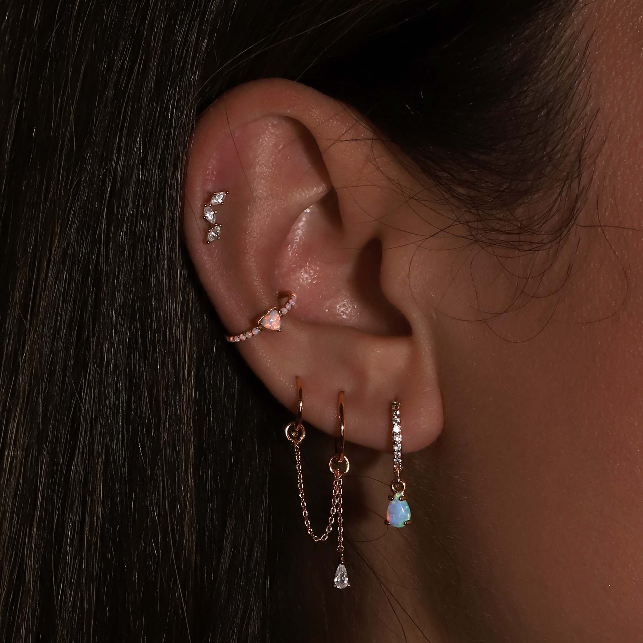 Affection Opal Heart Helix Conch & Cartilage Hoop Piercing On Model - Rose Gold
