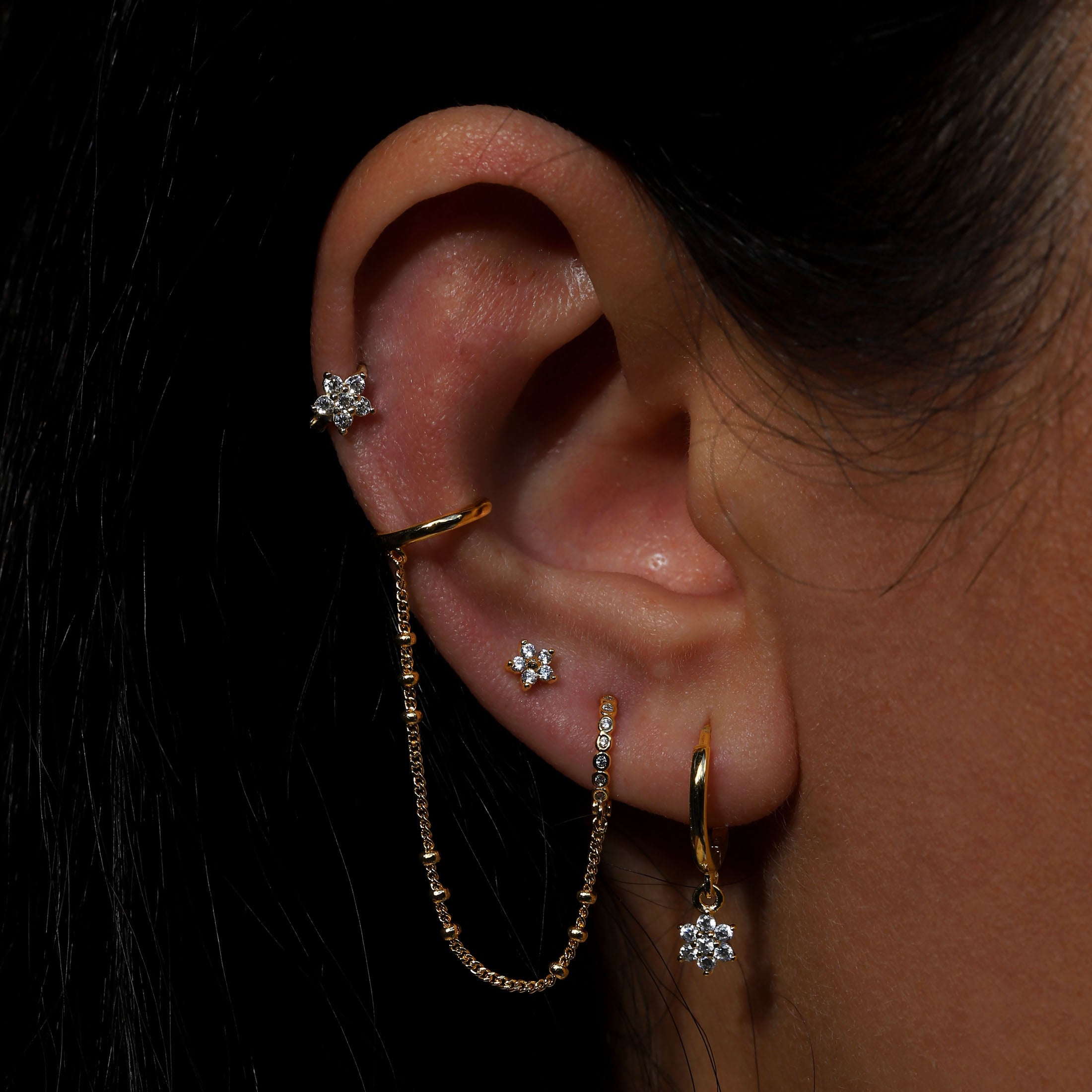 Daisy Gemstone Tragus Helix & Cartilage Hoop Piercing On Model - 14K Solid Gold
