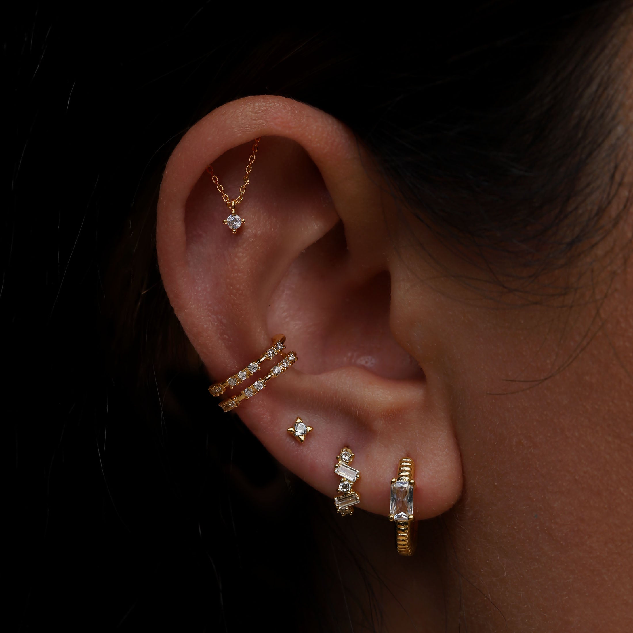 Fitzroy Tragus Helix & Cartilage Hoop Piercing On Model - 14K Solid Gold
