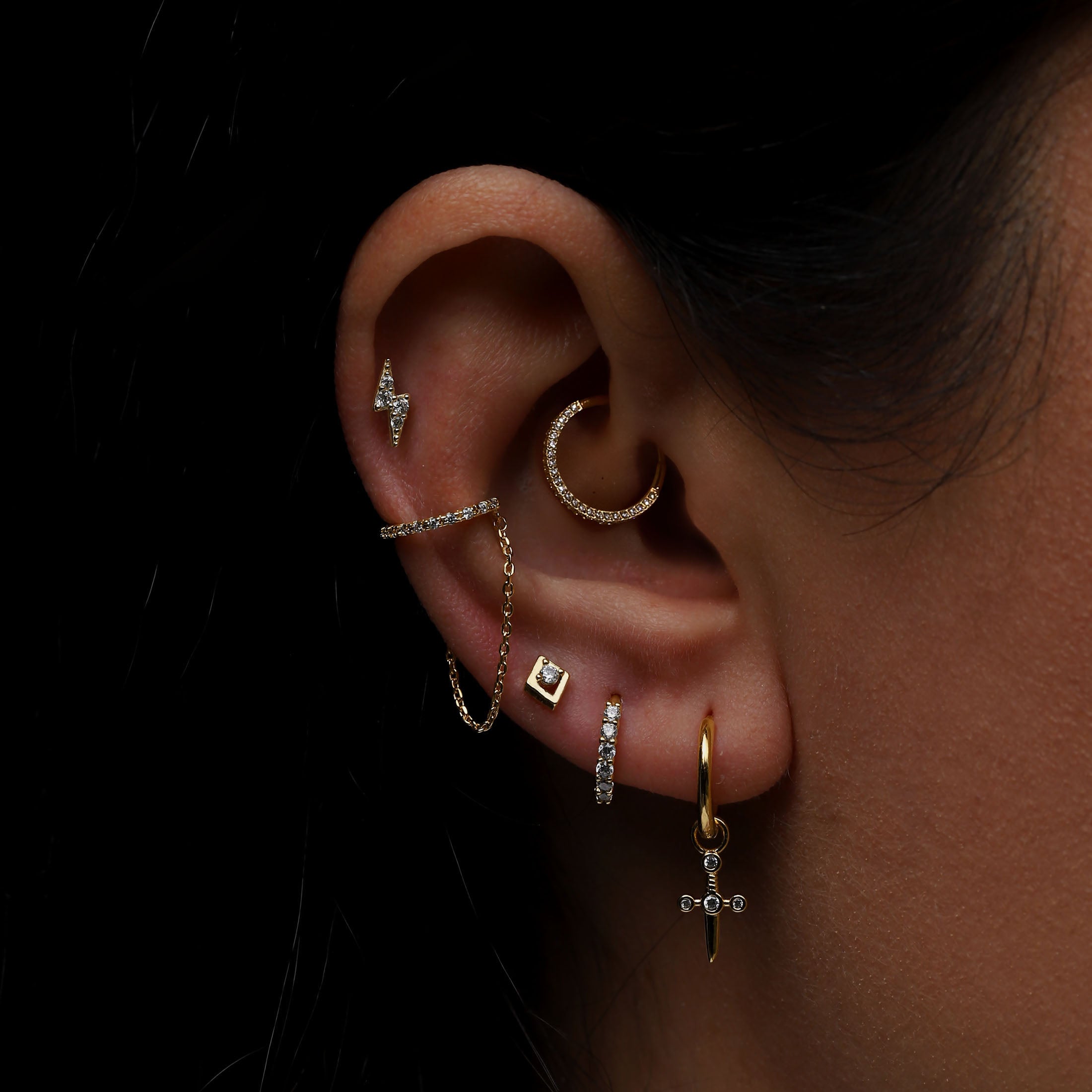 Haze Gemstone Helix & Conch Hoop Piercing On Model - Gold