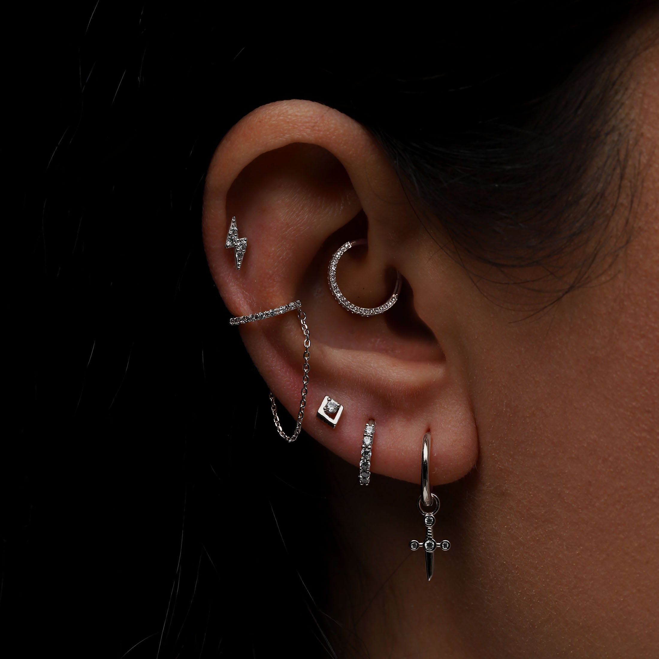 Haze Gemstone Helix & Conch Hoop Piercing On Model - Titanium