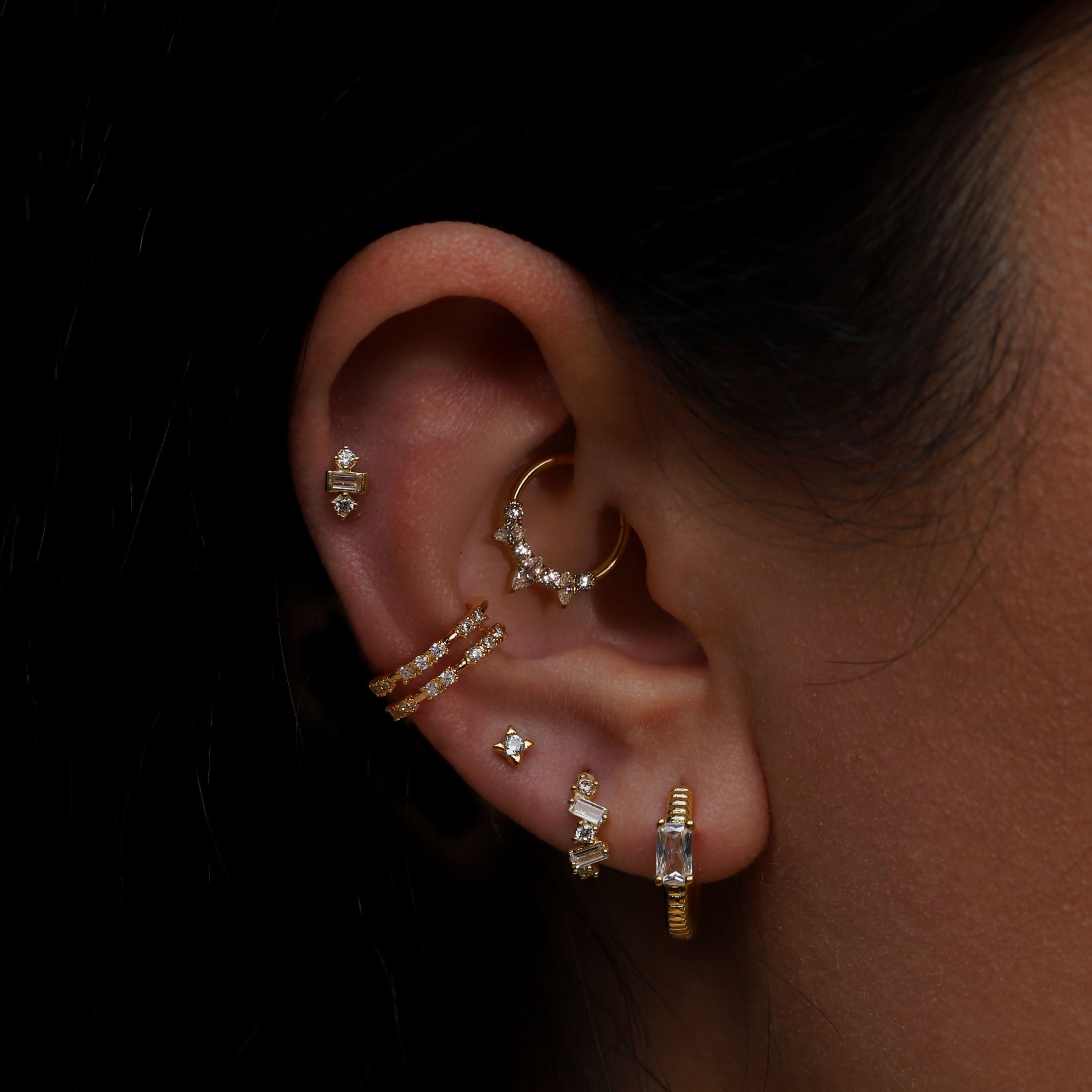 Juliette Gemstone Helix Daith & Cartilage Hoop Piercing On Model - Gold