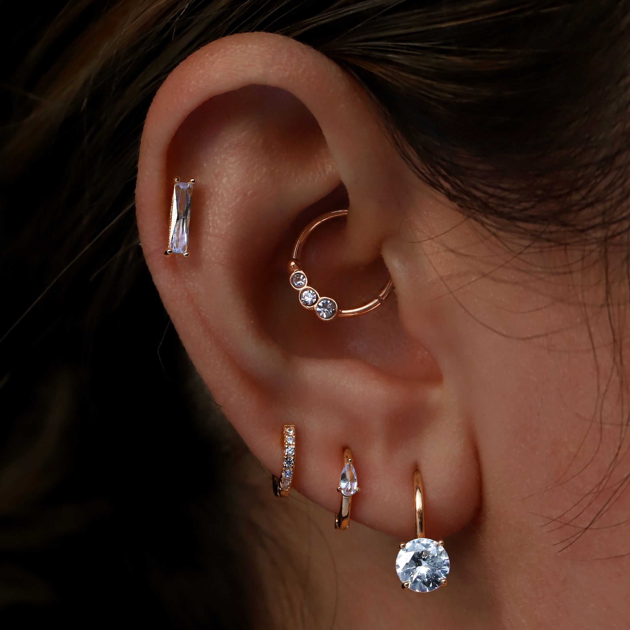 Lineage Triple Gemstone Helix Daith Septum & Cartilage Hoop Piercing On Model - Rose Gold
