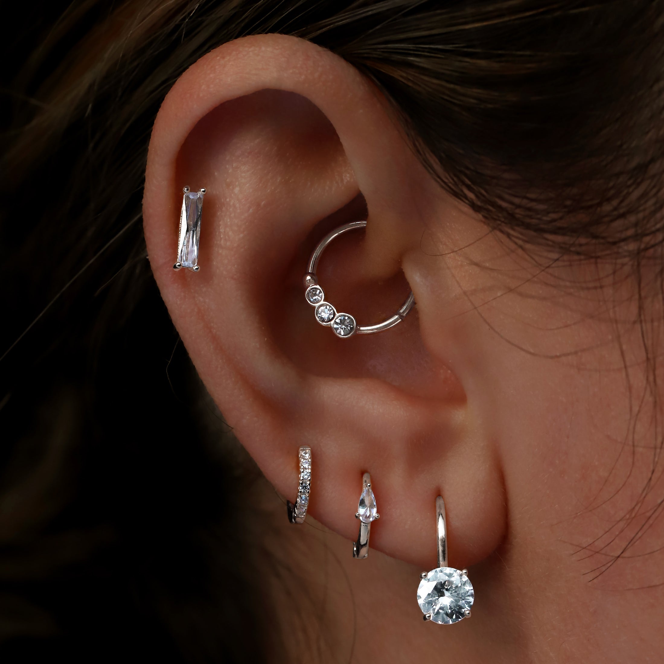 Lineage Triple Gemstone Helix Daith Septum & Cartilage Hoop Piercing On Model - Silver