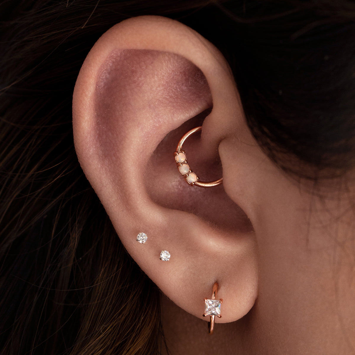 Nebula Triple Opal Helix Daith Septum & Cartilage Hoop Piercing On Model - Rose Gold