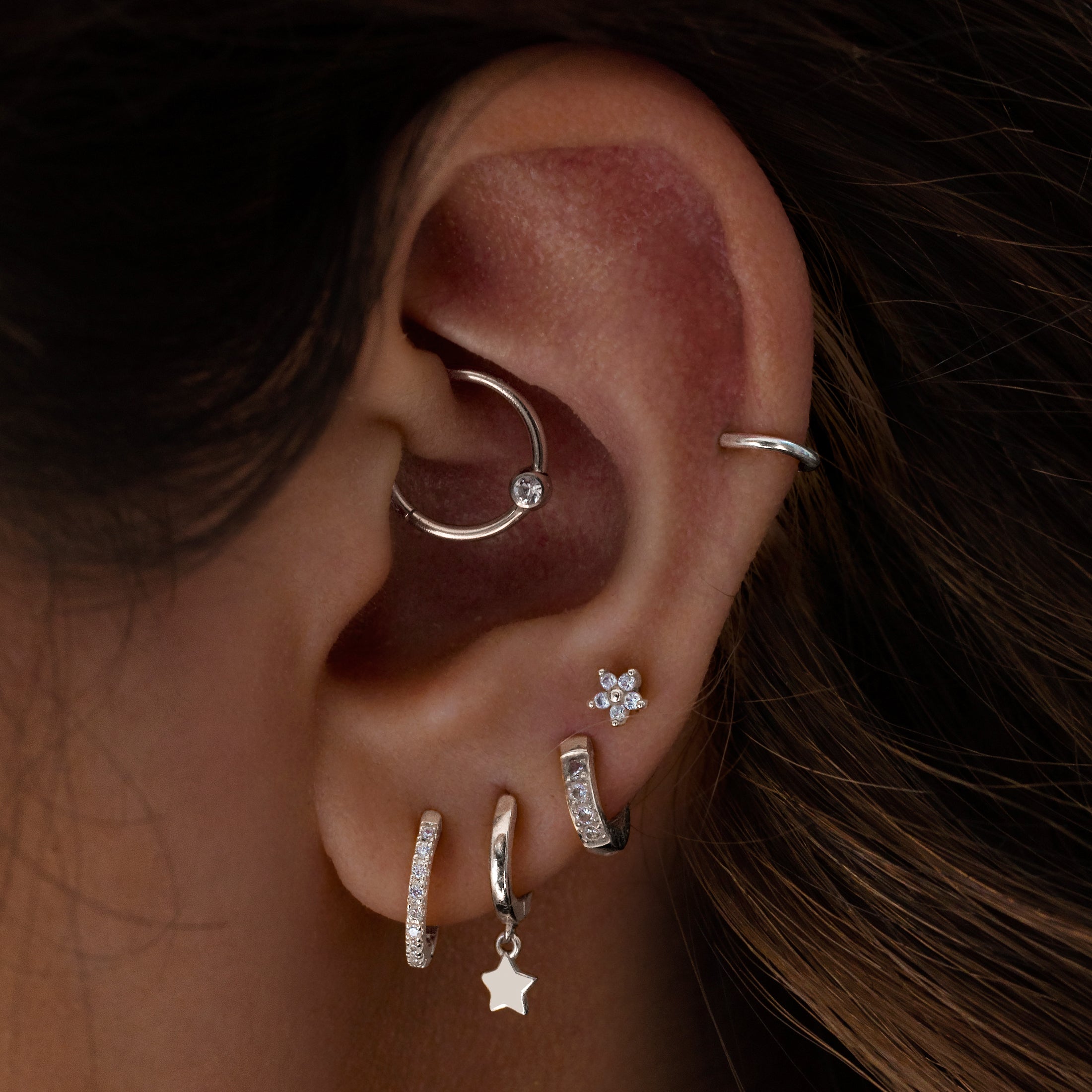 Solstice Gem Helix Daith Septum & Cartilage Hoop Piercing On Model - Silver