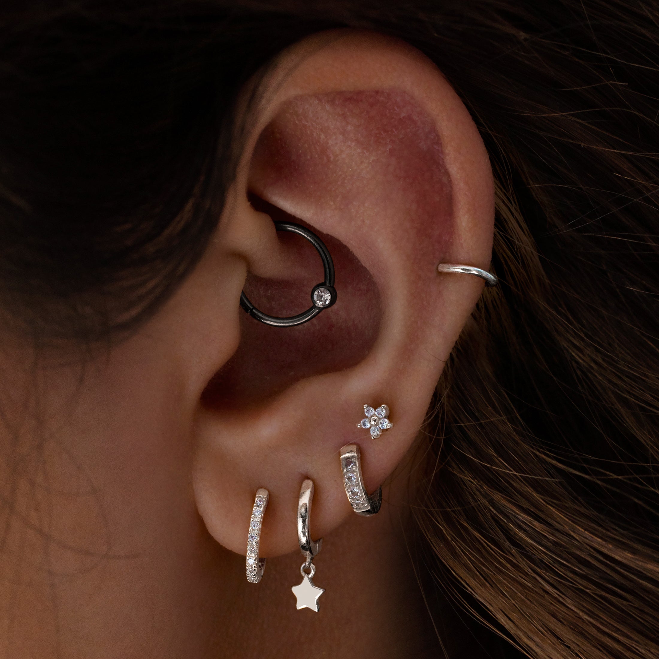 Solstice Gem Helix Daith Septum & Cartilage Hoop Piercing On Model - Black