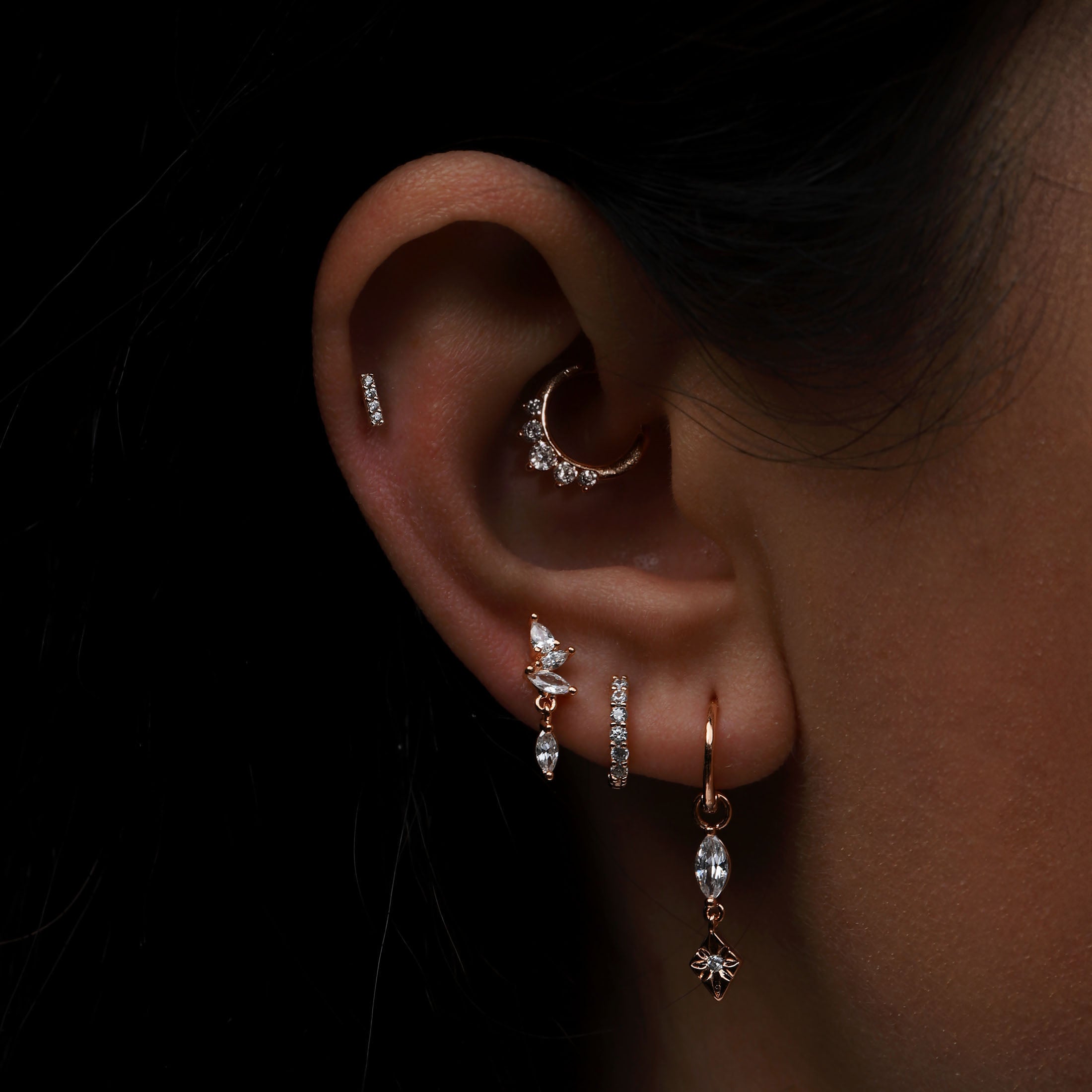 Tender Gemstone Helix Daith & Cartilage Hoop Piercing  On Model - Rose Gold