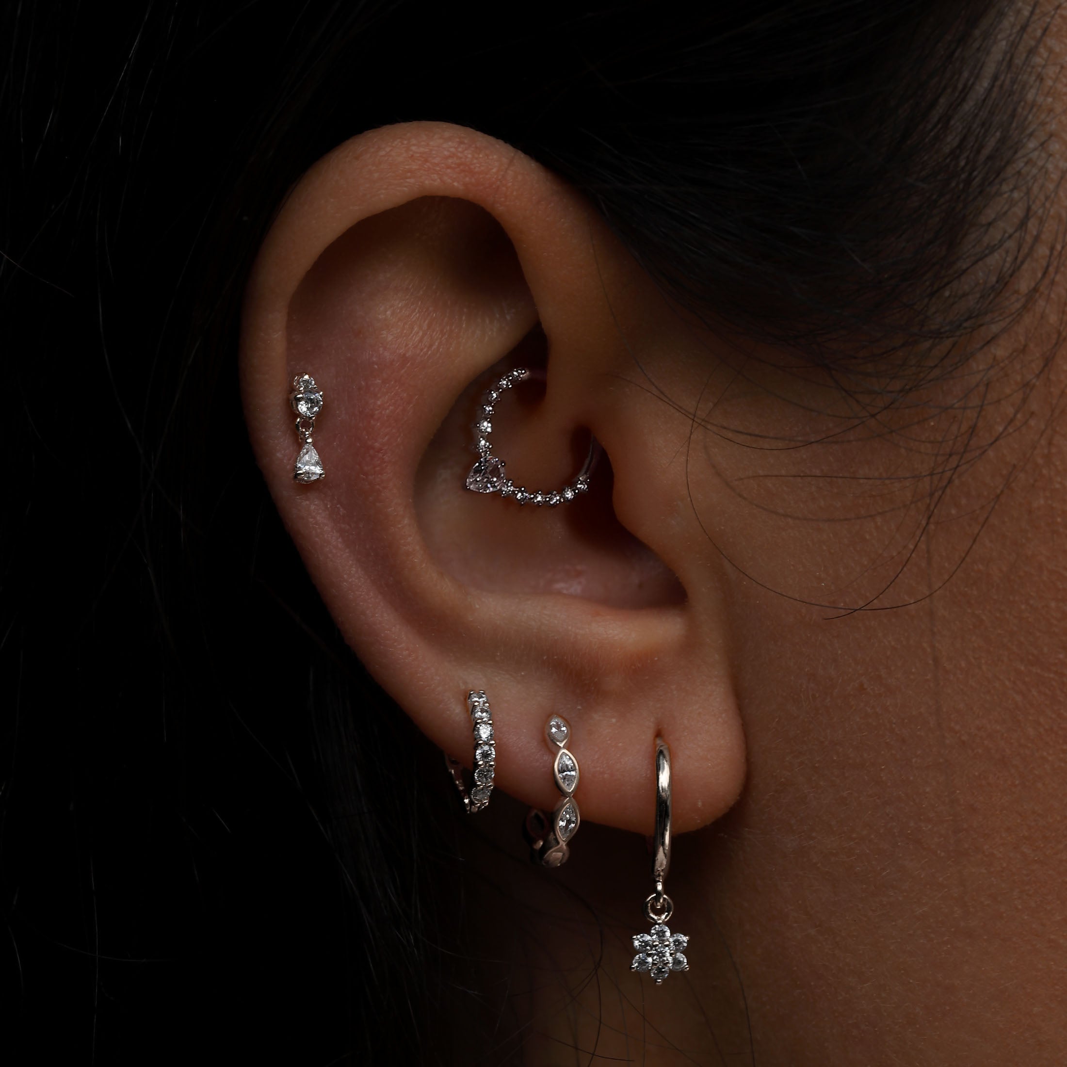 Lust Gemstones Helix Daith & Cartilage Hoop Piercing On Model - Silver