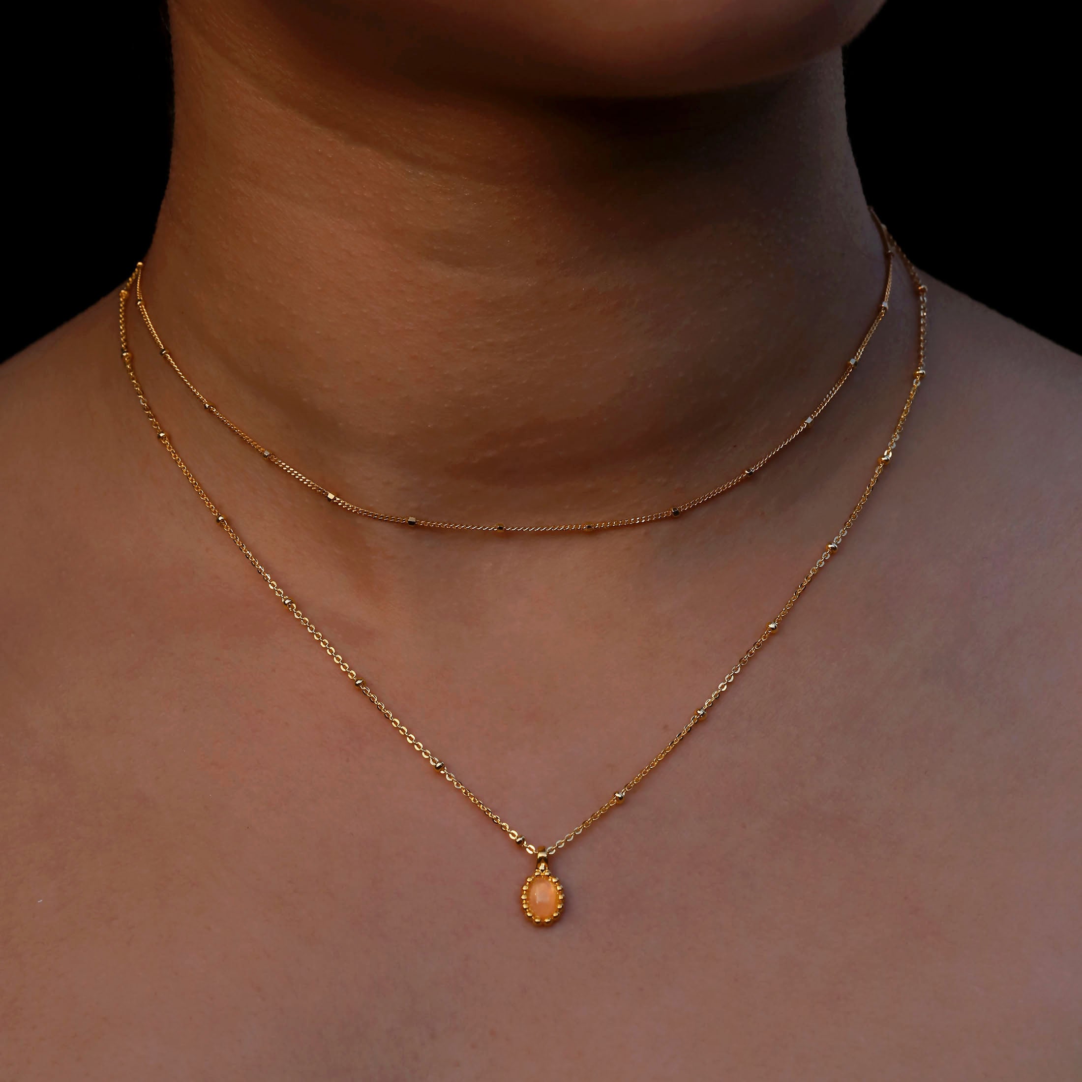 Afterglow Rose Quartz Pendant Necklace On Model 2 - Gold
