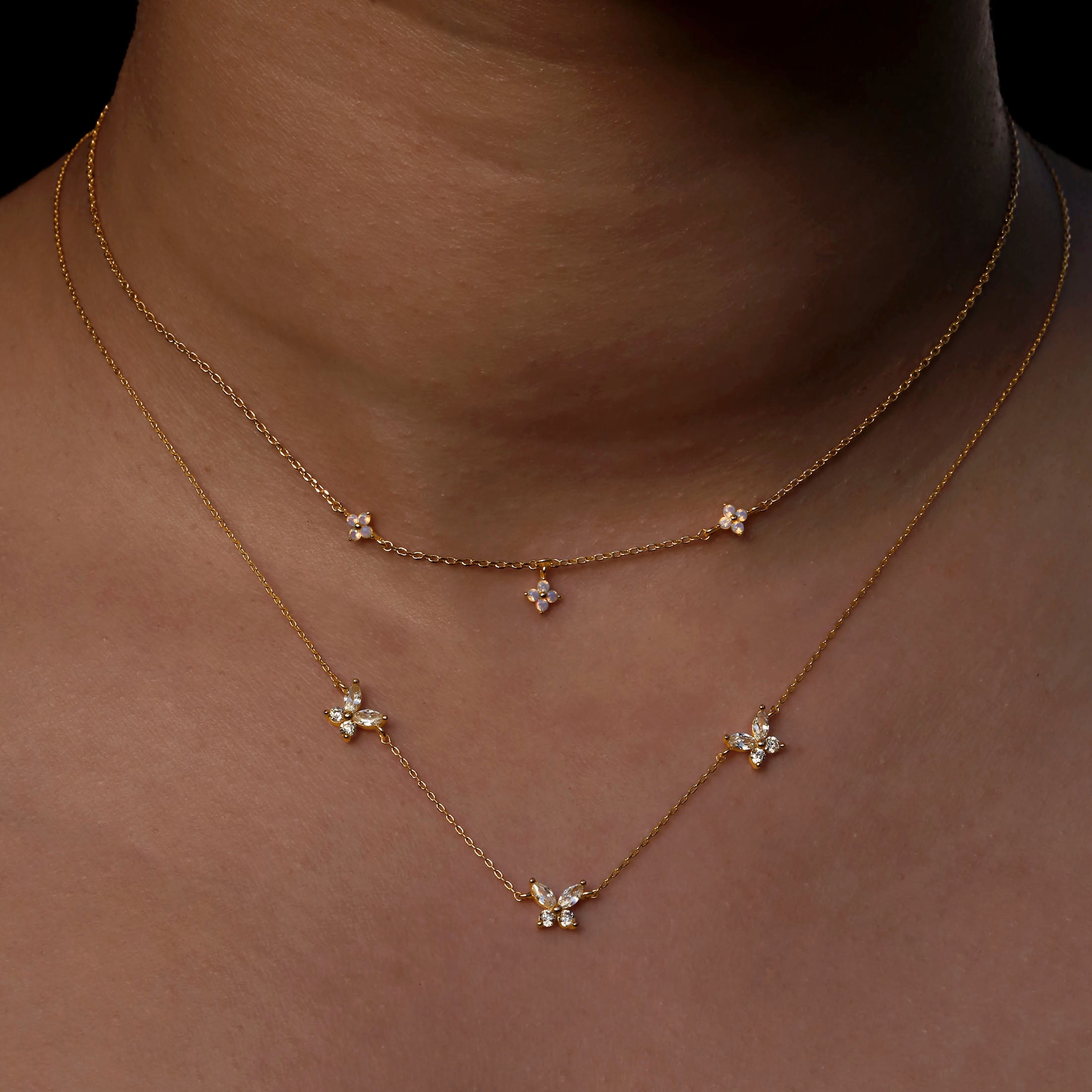 Clover Moonstone Flower Necklace On Model - Gold