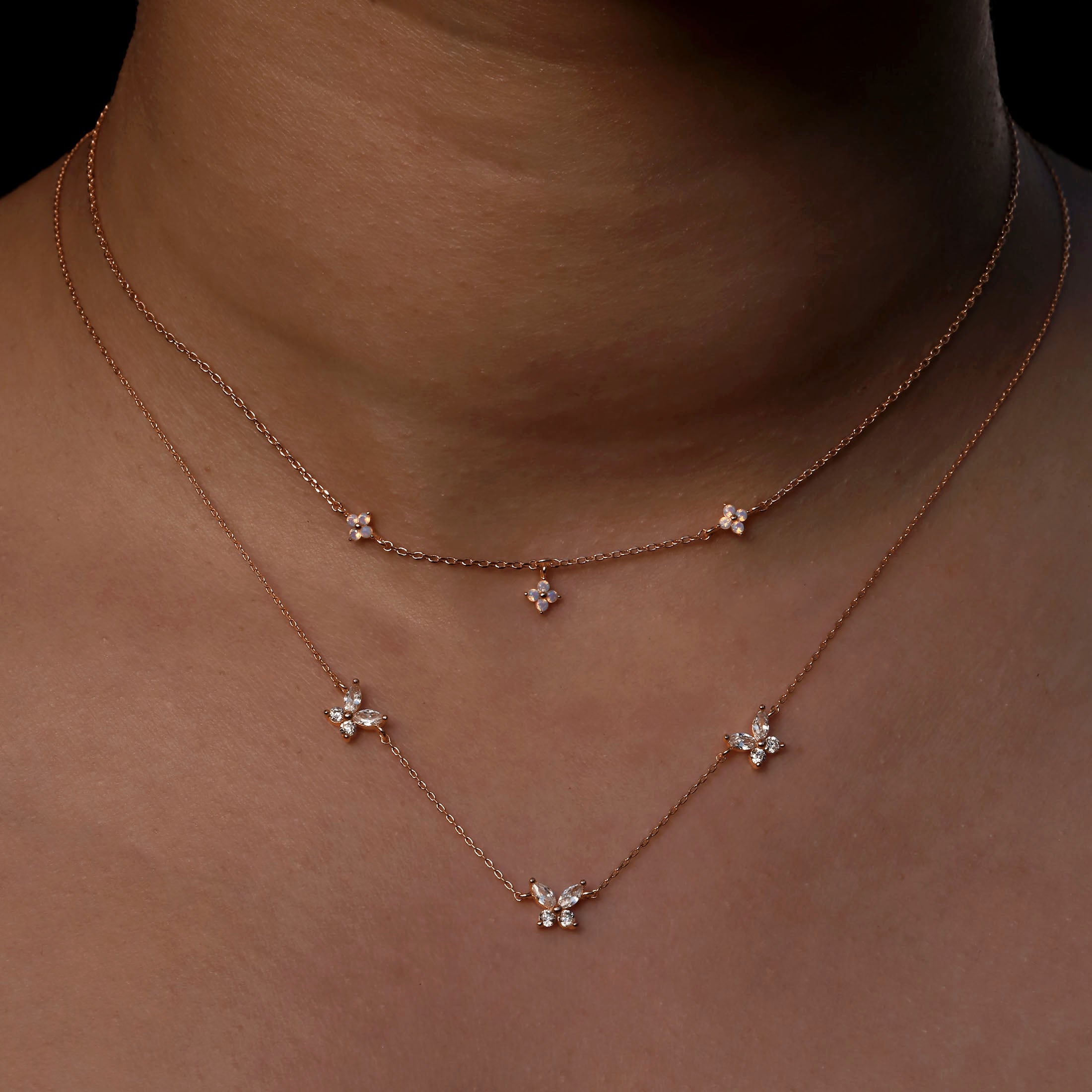 Clover Moonstone Flower Necklace On Model - Rose Gold