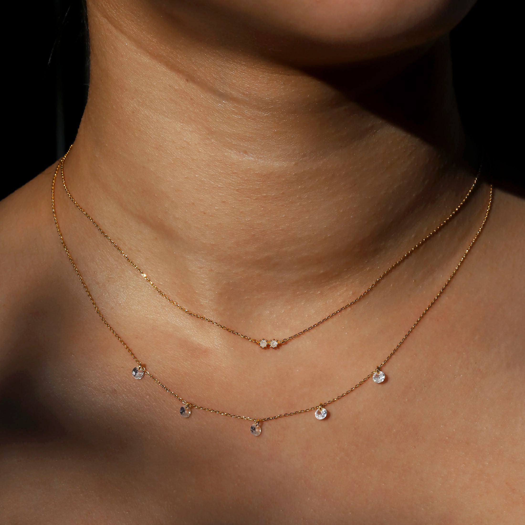 Double Exposure Layered Gemstone Chain Necklace On Model - Gold