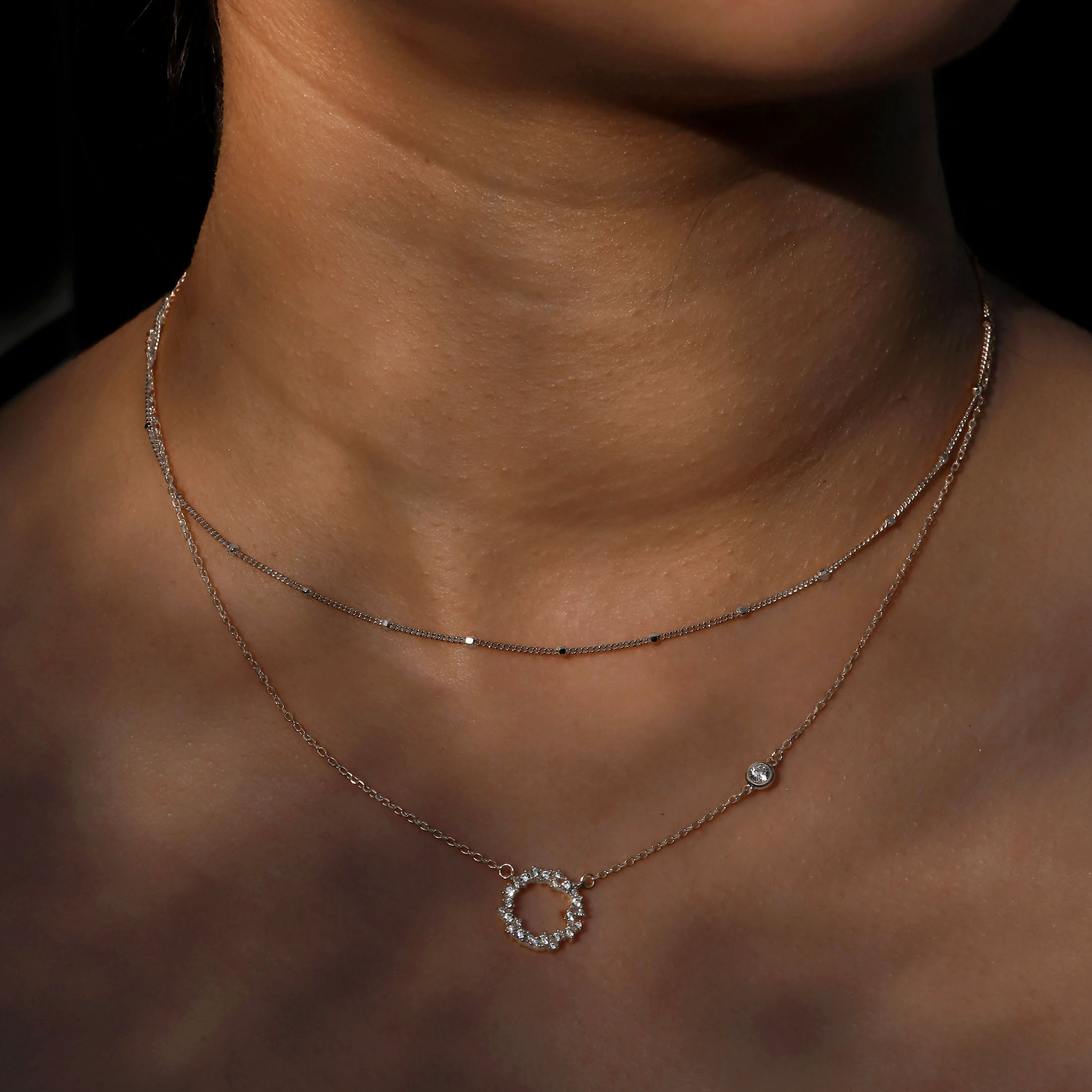 Eternity Halo Gemstone Necklace On Model 2 - Sterling Silver