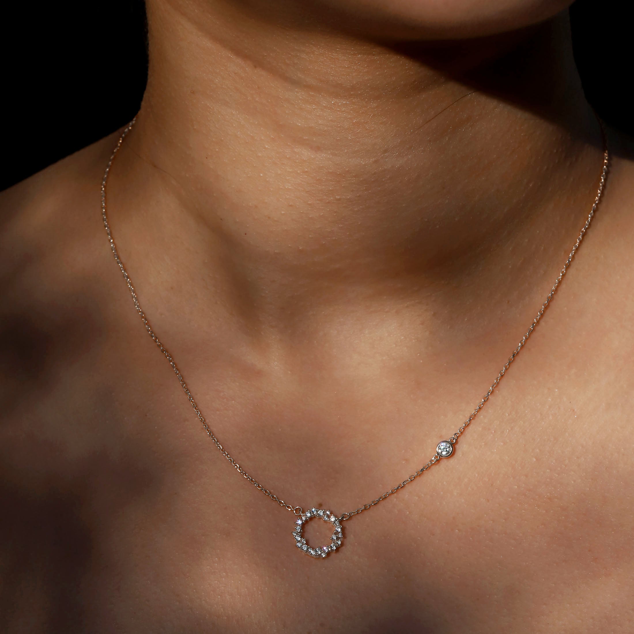 Eternity Halo Gemstone Necklace On Model - Sterling Silver