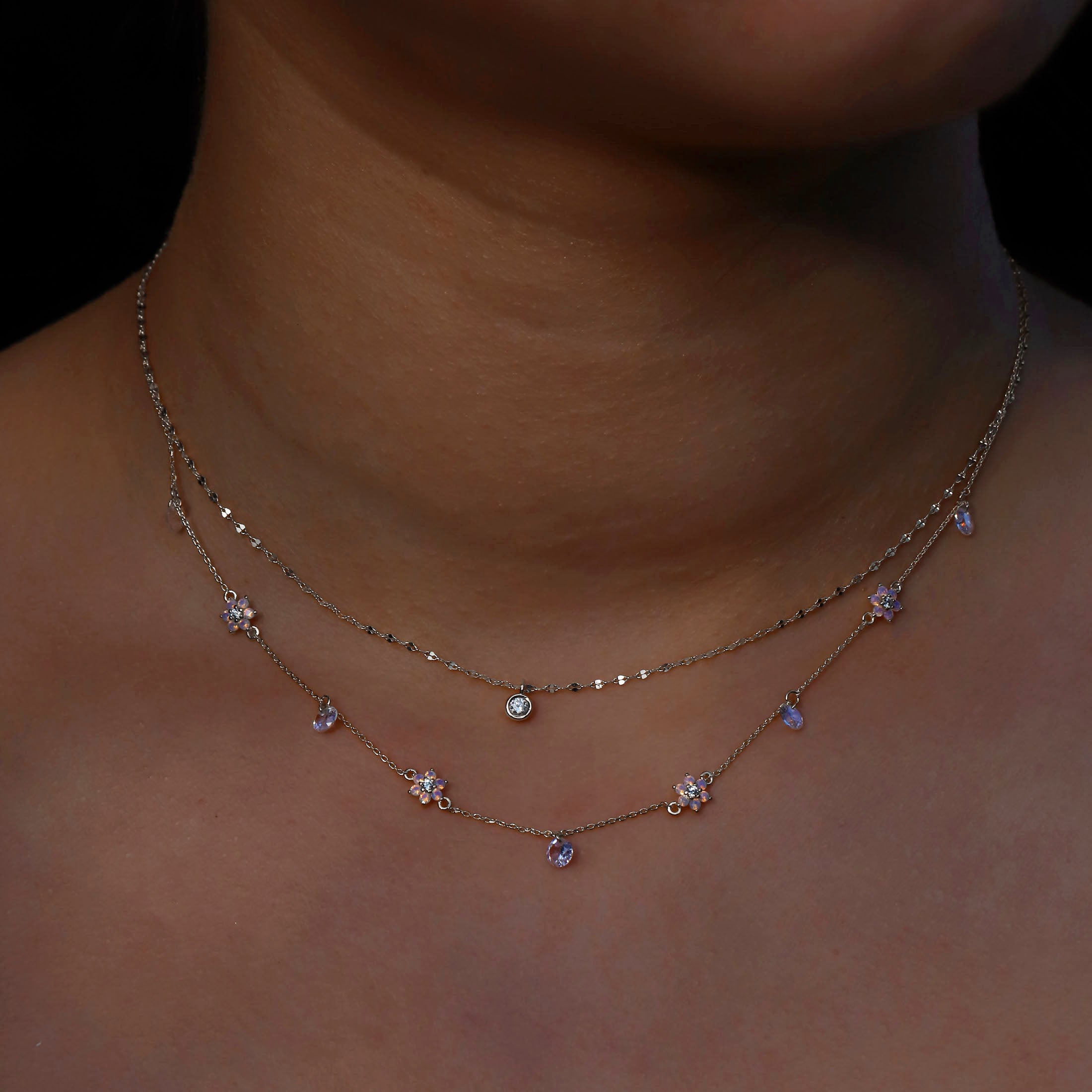Lilius Gemstone Pendant Fine Chain Necklace On Model - Sterling Silver