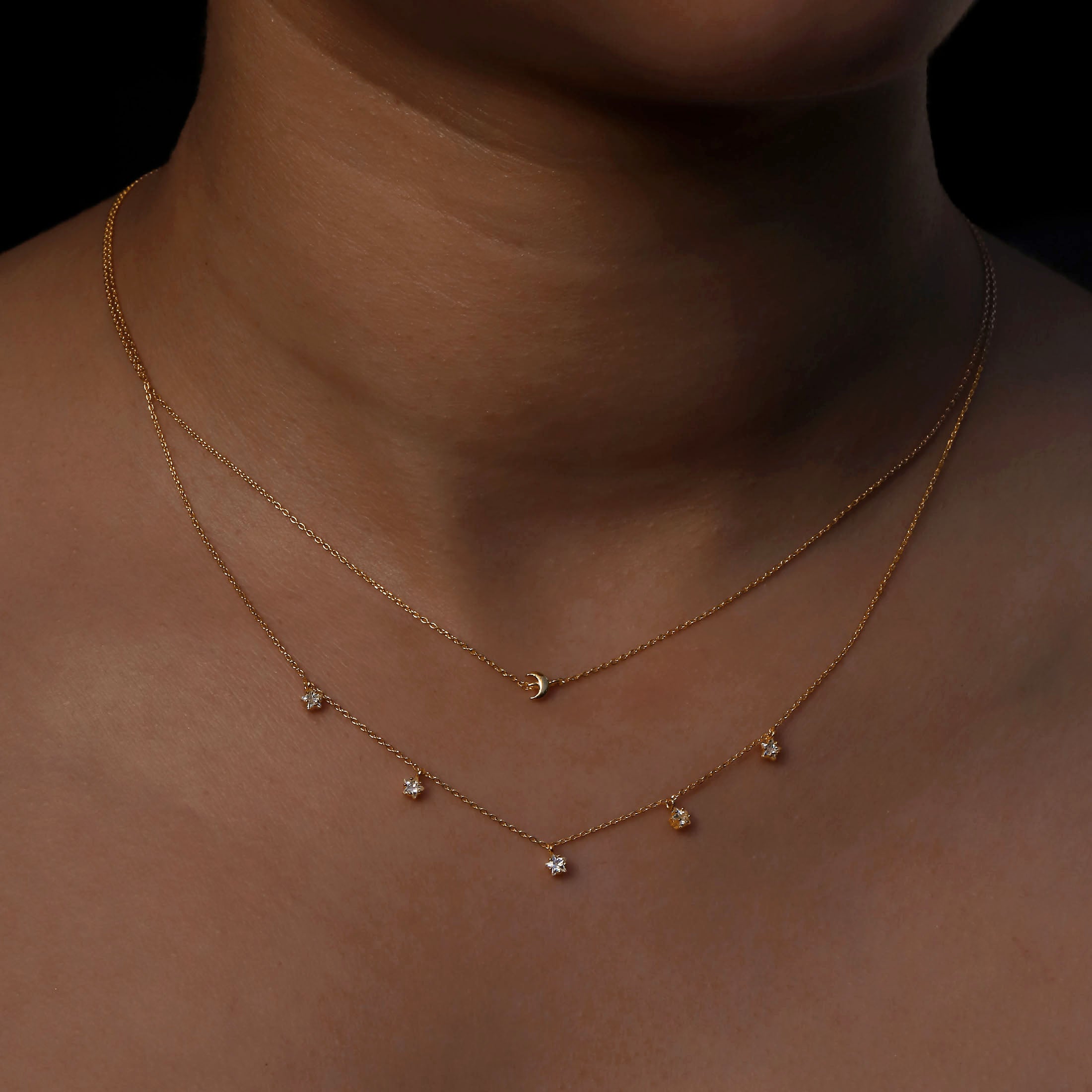Moonrise Double Chain Moon & Stars Necklace On Model - Gold