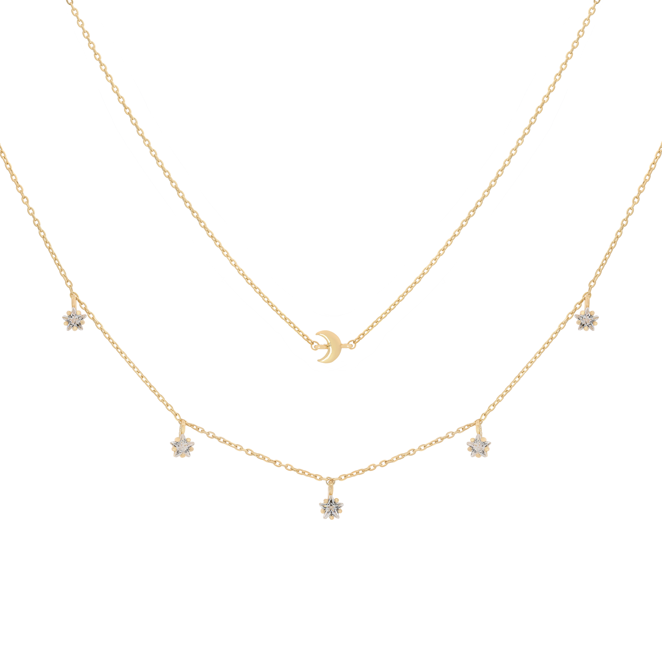 Moonrise Double Chain Moon & Stars Necklace - Gold