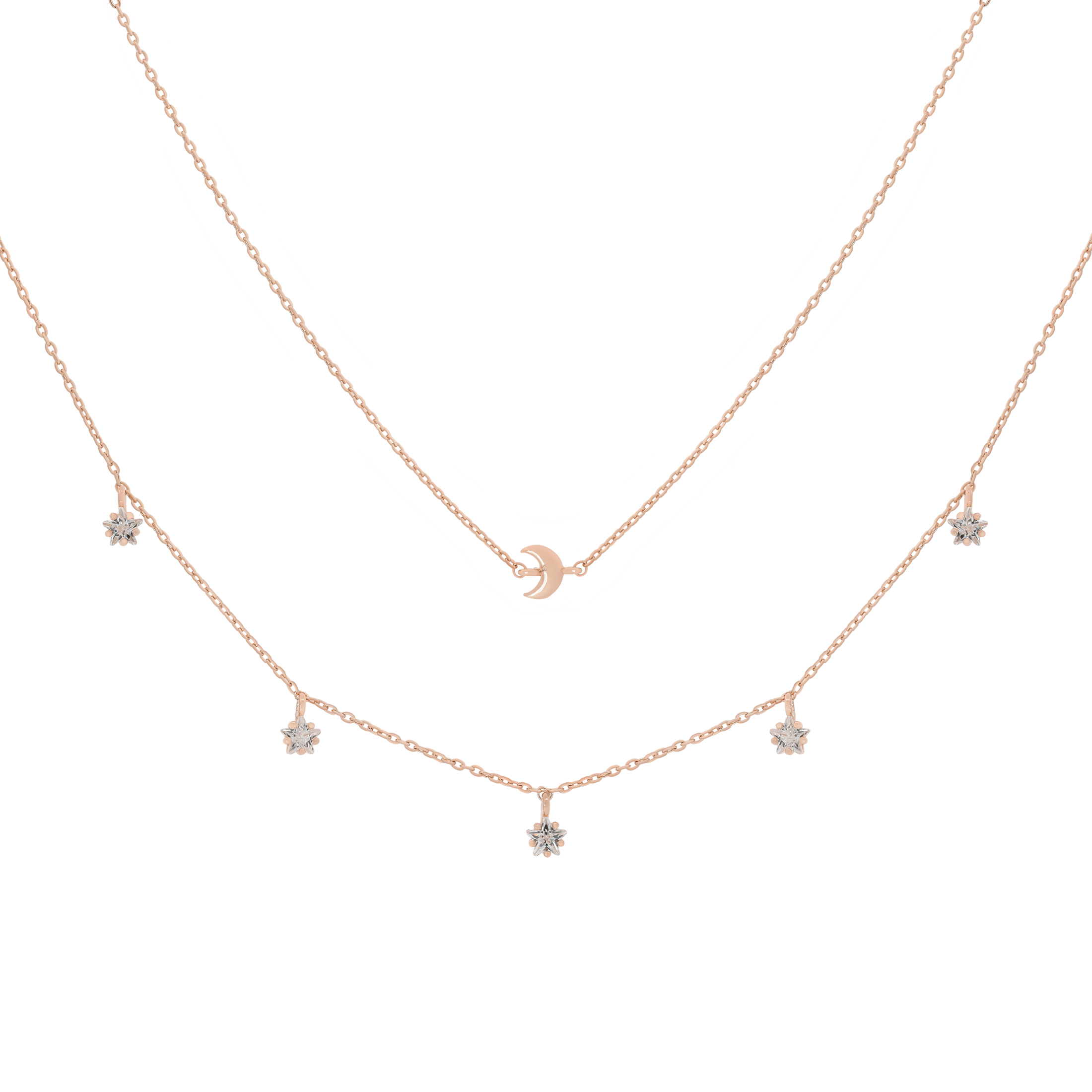 Moonrise Double Chain Moon & Stars Necklace - Rose Gold