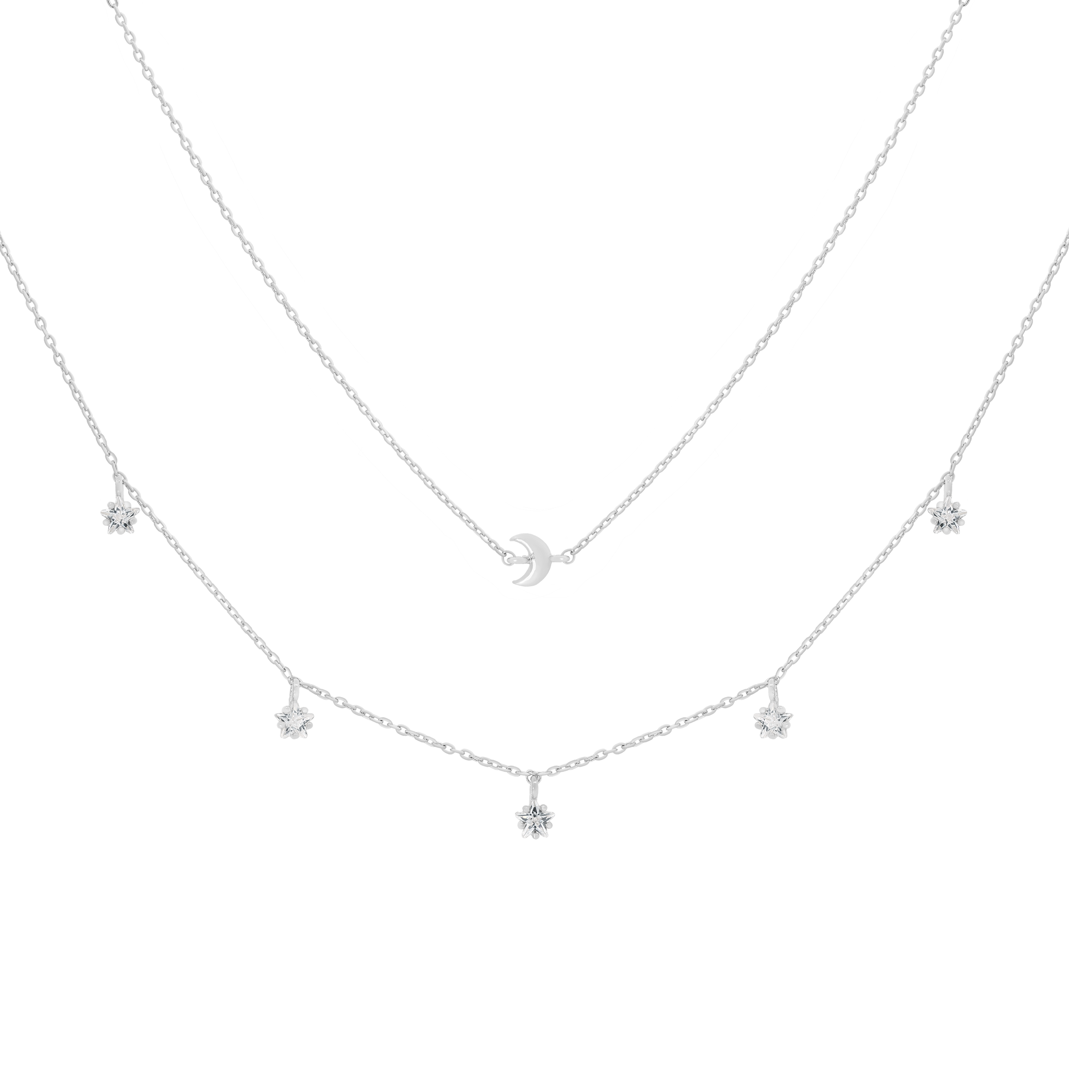 Moonrise Double Chain Moon & Stars Necklace - Silver