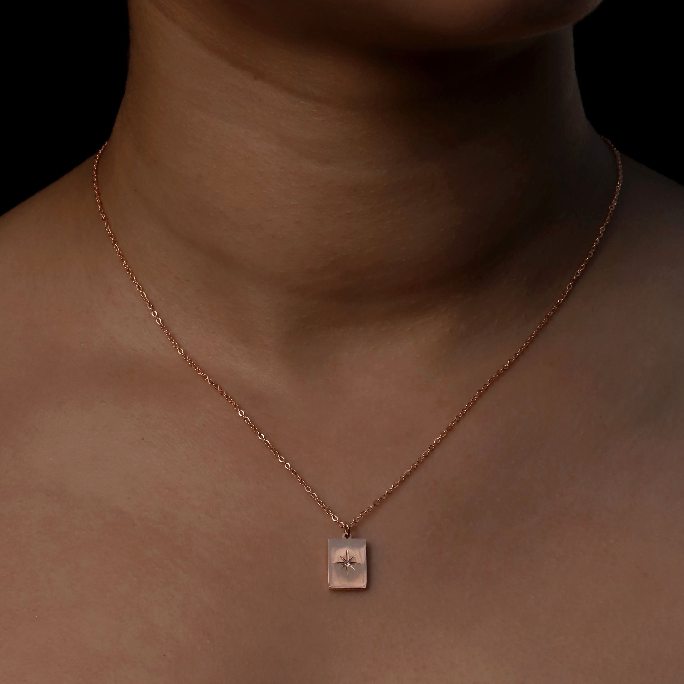 Tarot Card Star Pendant Necklace On Model - Rose Gold