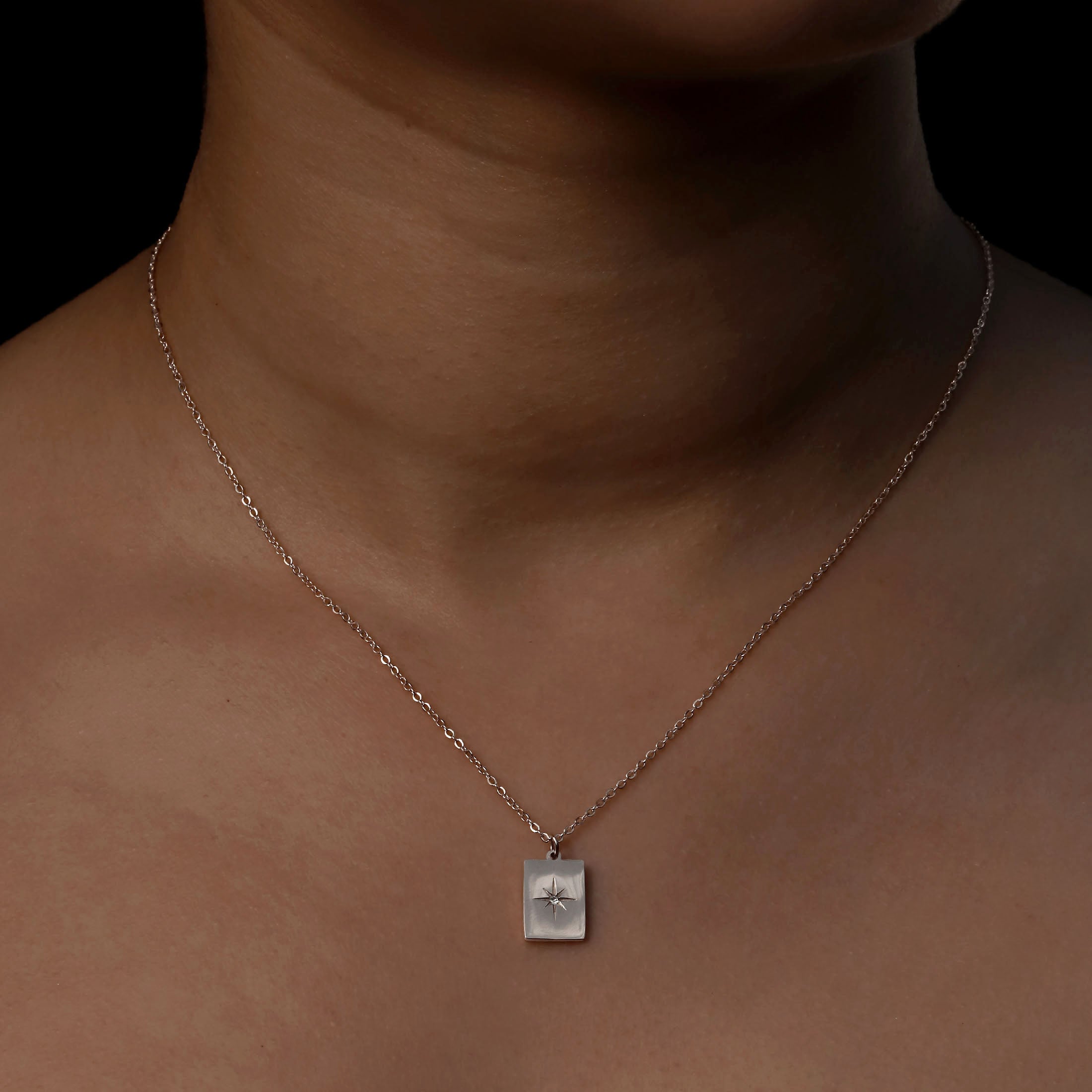Tarot Card Star Pendant Necklace On Model - Silver