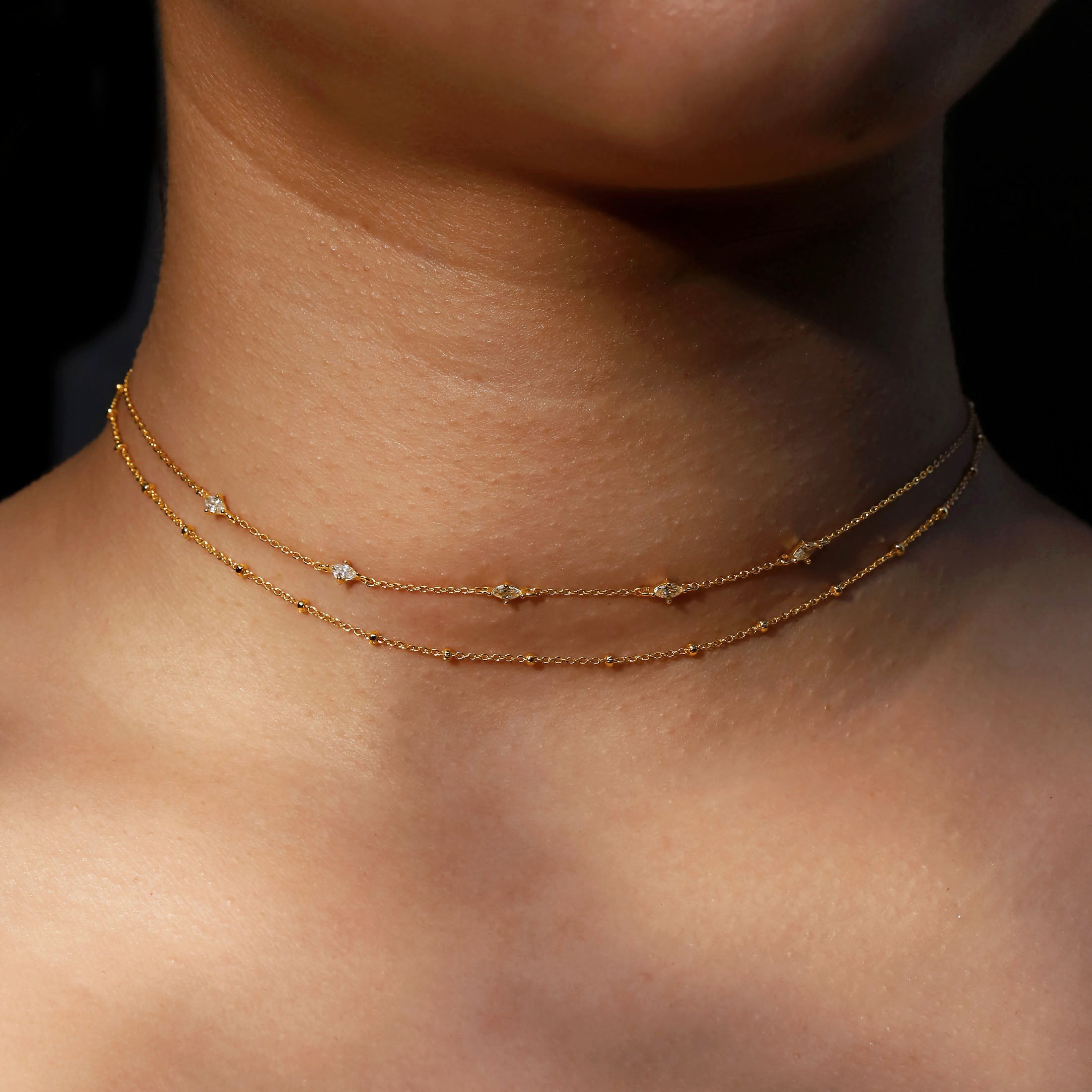 Olivia Double Chain Choker Gemstone Necklace On Model - Gold