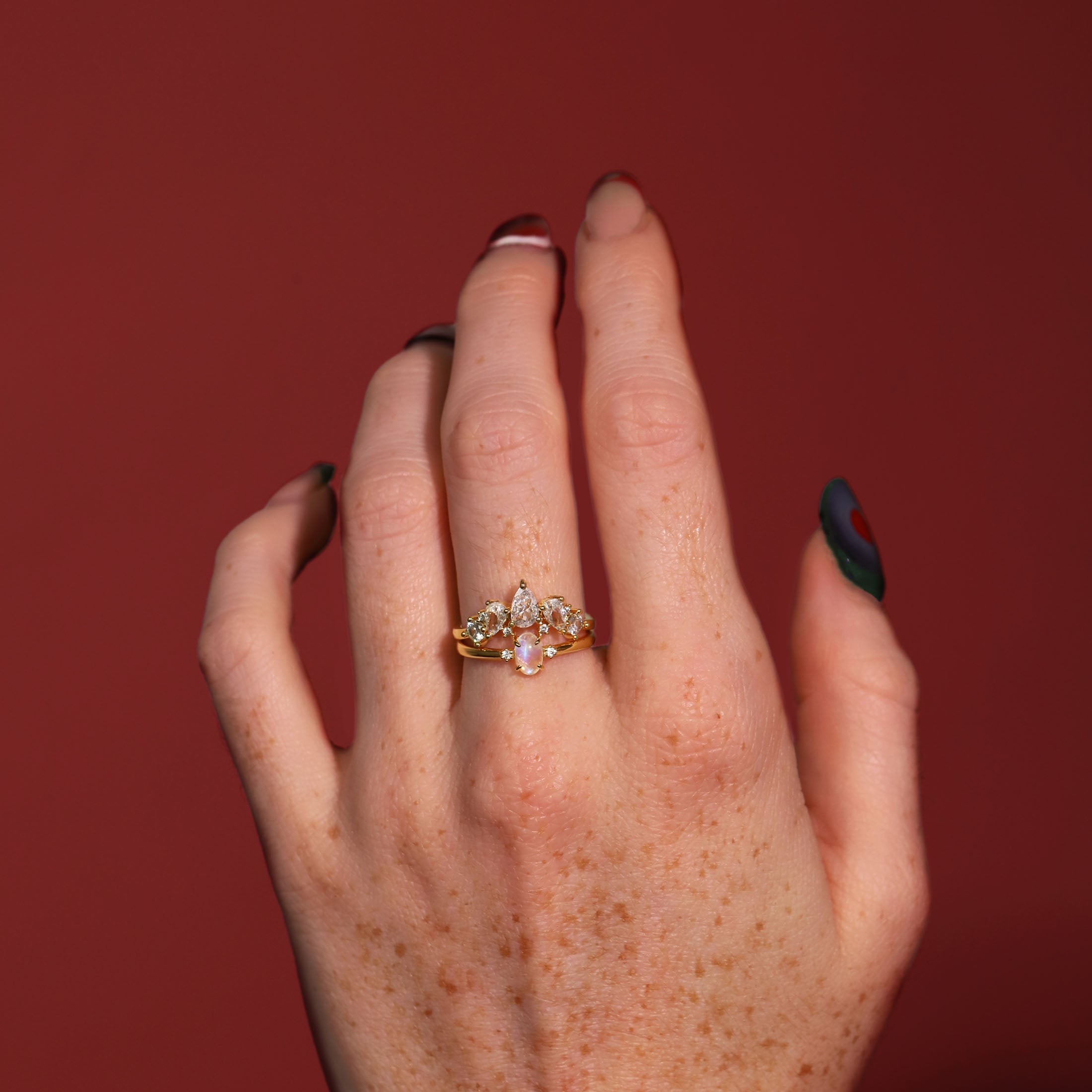 Euphoria Oval Moonstone & Gemstone Ring On Model 2 - Gold