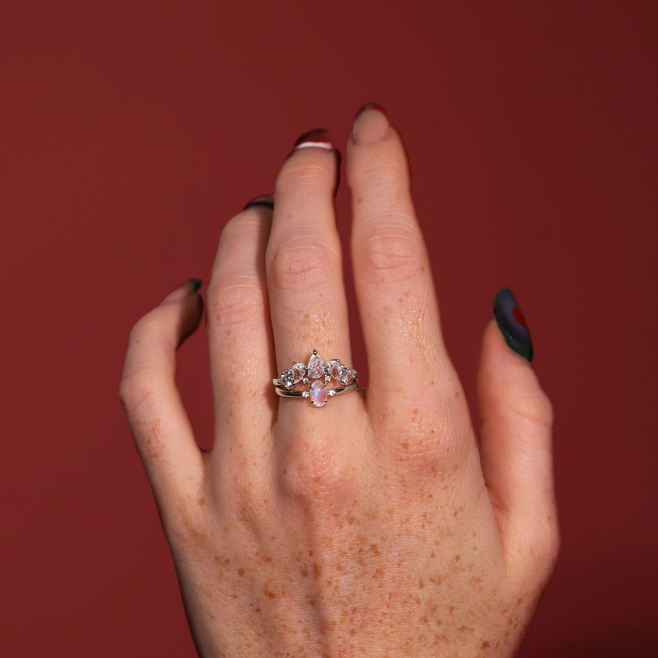 Athena Tiered Gemstone Ring On Model 2 - Sterling Silver