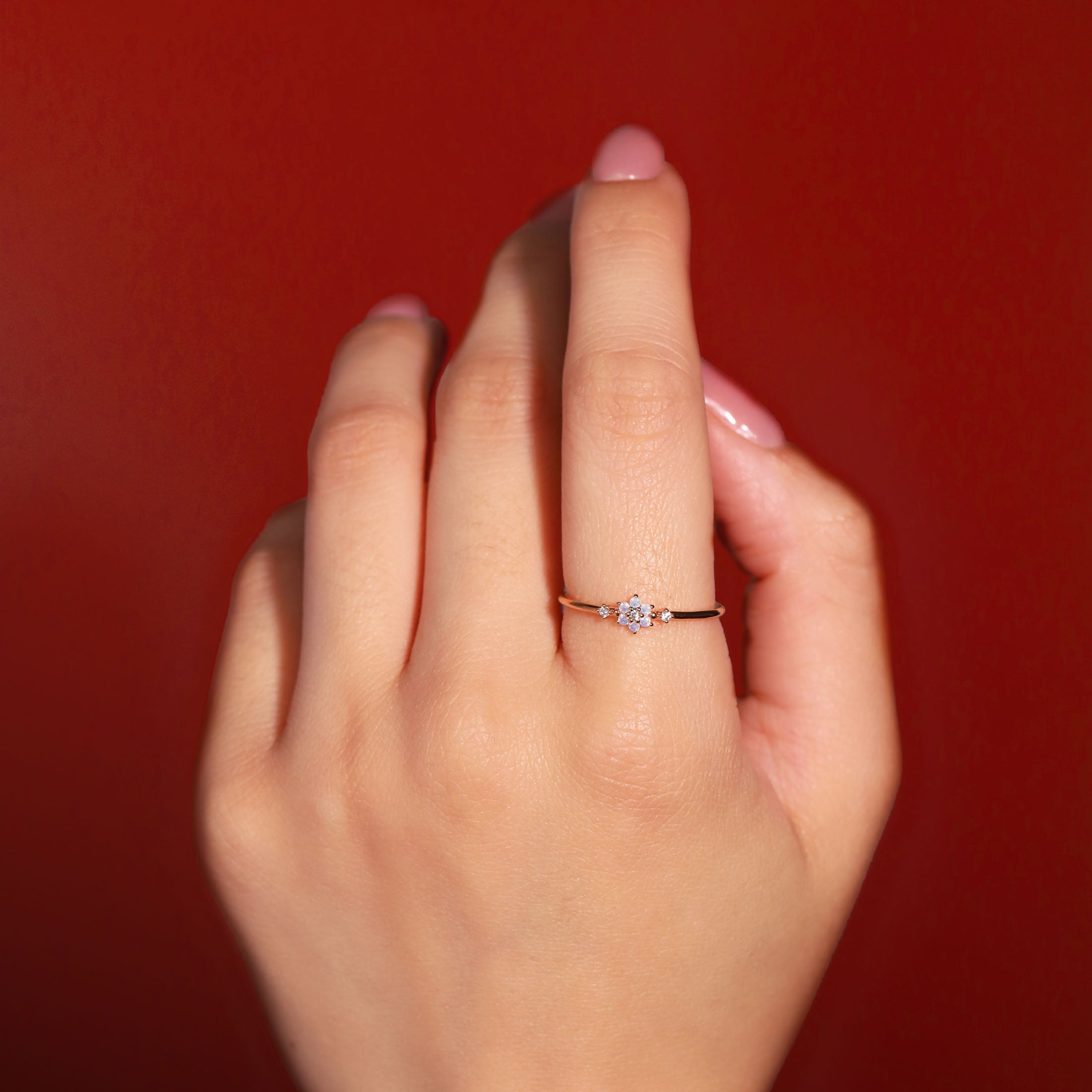 Bloom Moonstone Flower Ring On Model - Rose Gold