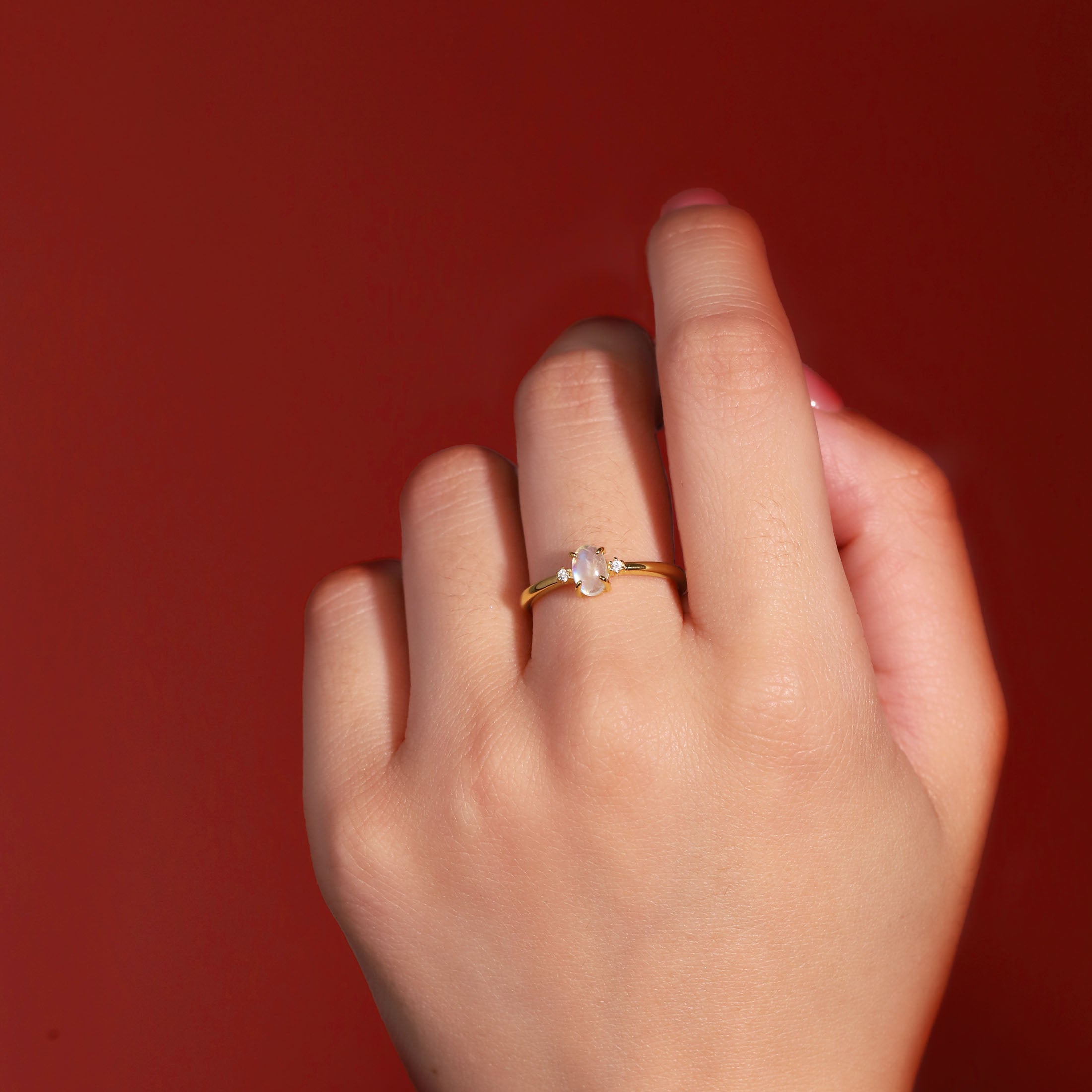 Euphoria Oval Moonstone & Gemstone Ring On Model - Gold