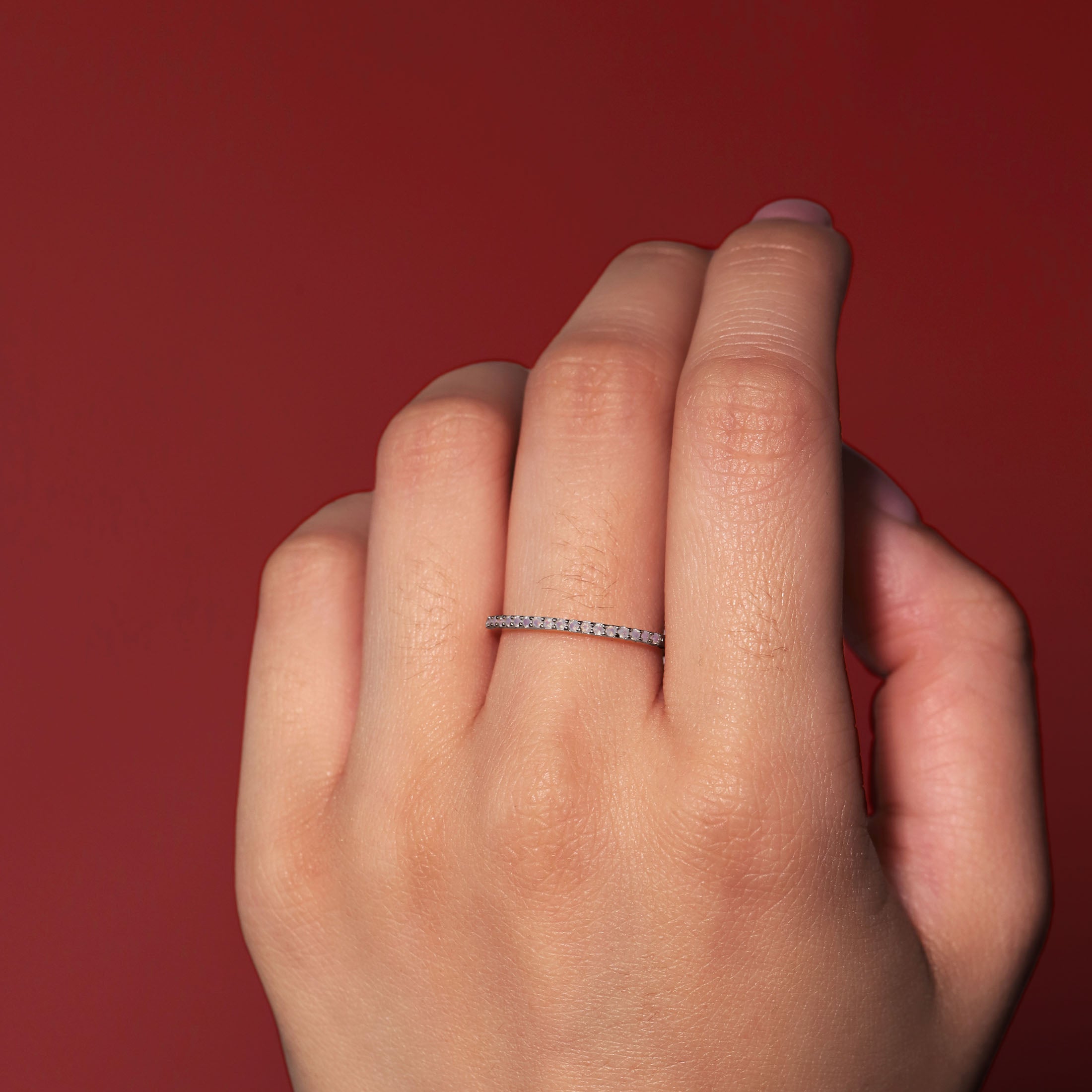 Mia Moonstone Band Ring On Model - Sterling Silver