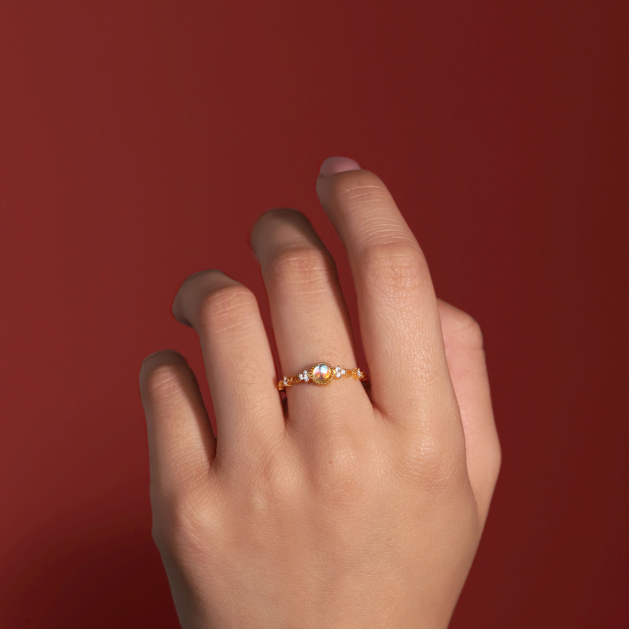 Oracle Filigree Moonstone Ring On Model - Gold