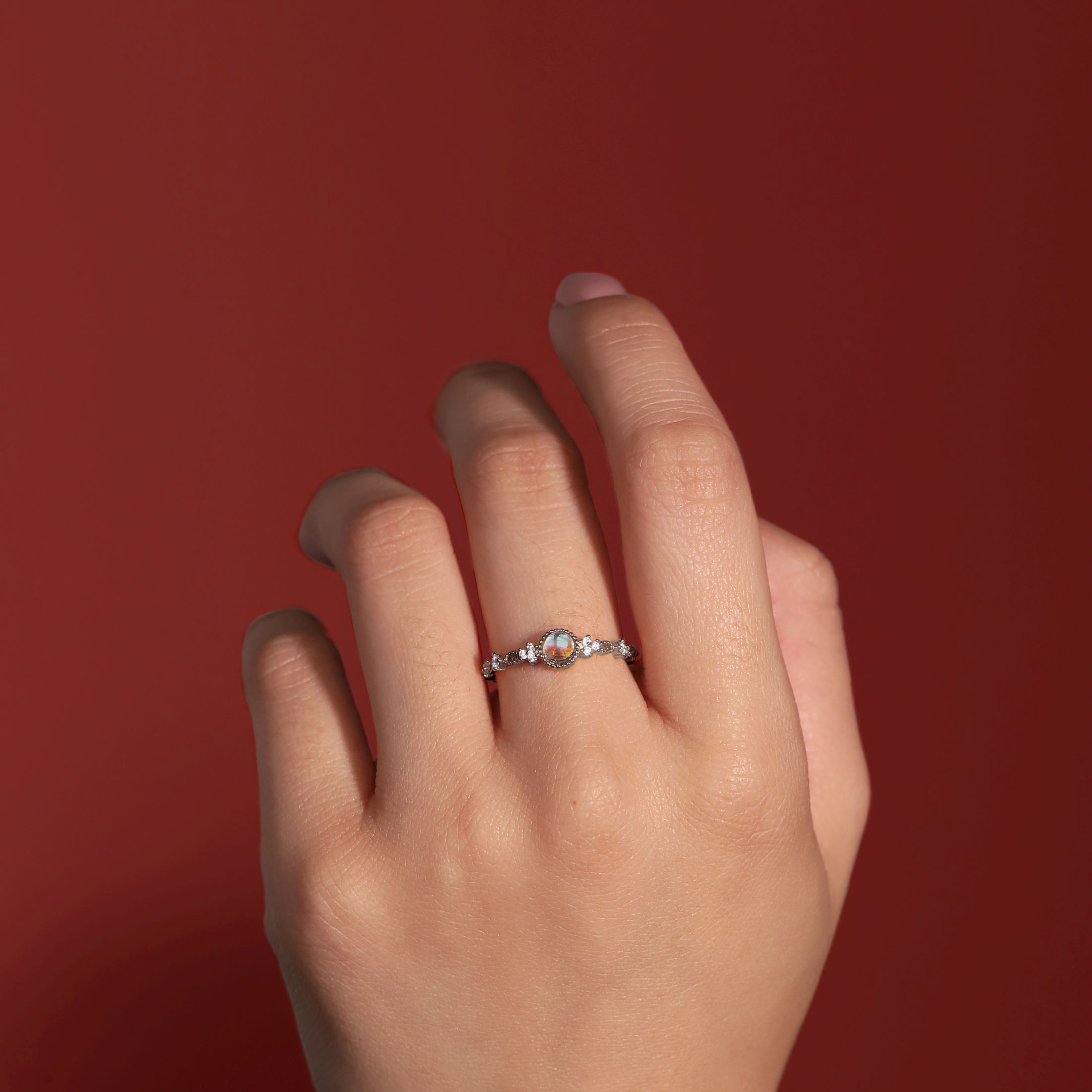 Oracle Filigree Moonstone Ring On Model - Sterling Silver