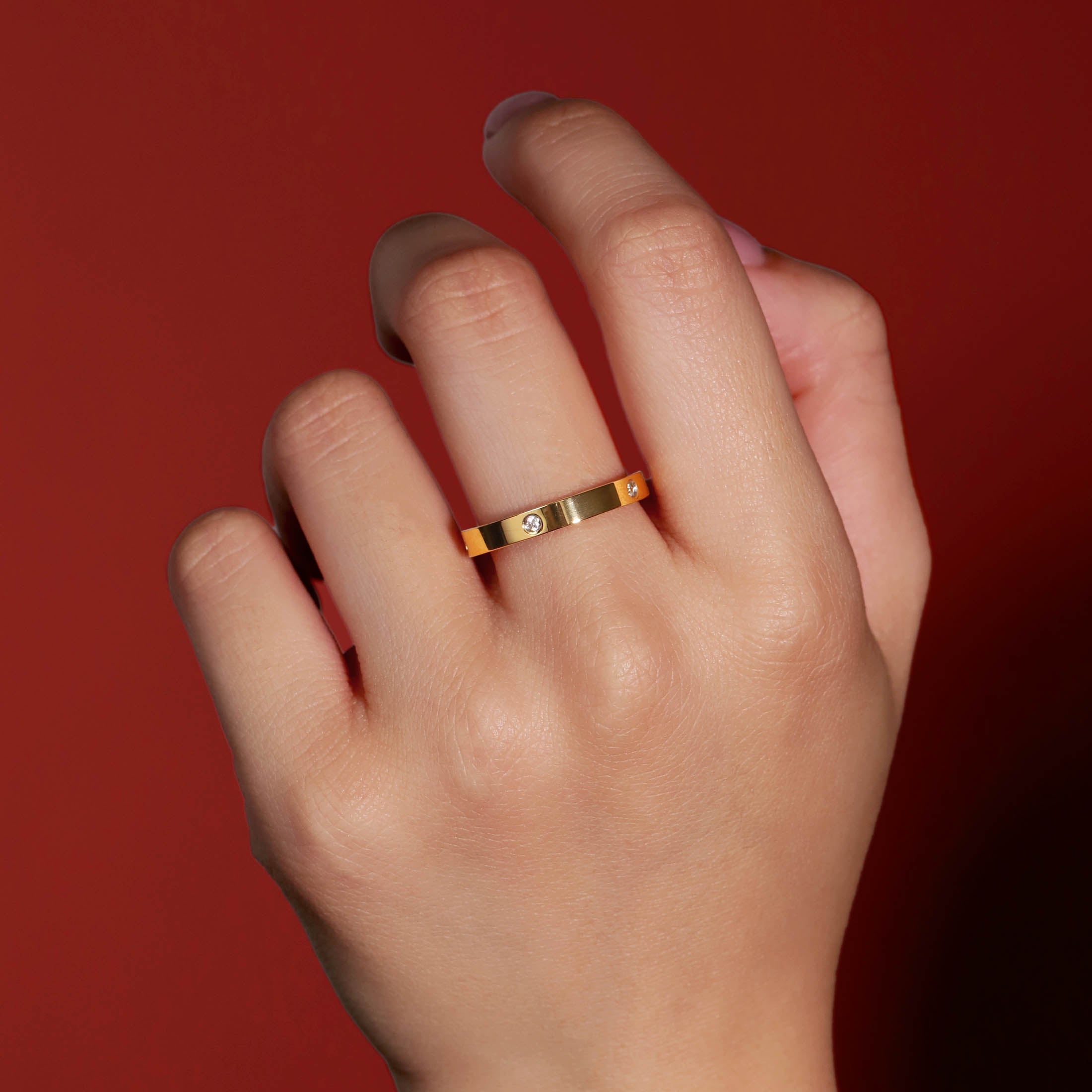 Ravena Thick Band Gemstone Inset Ring On Model - Gold
