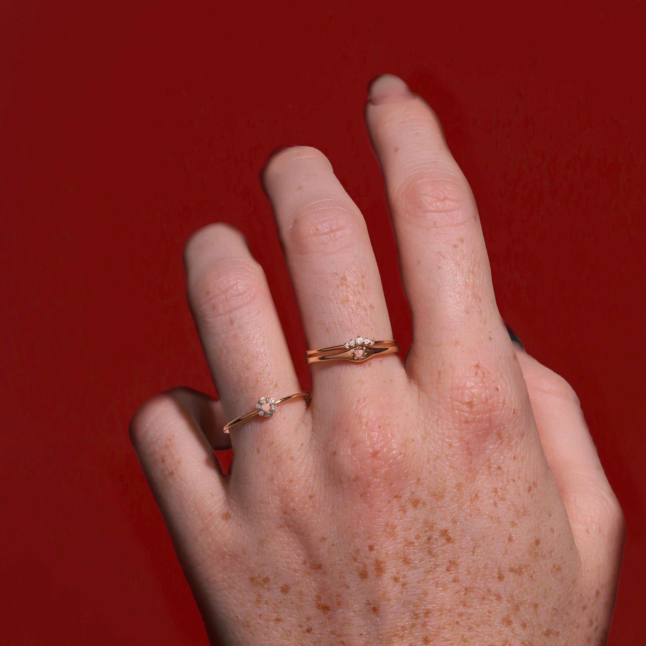 Calypso Moonstone and Gemstone Surround Ring On Model 2 - Rose Gold