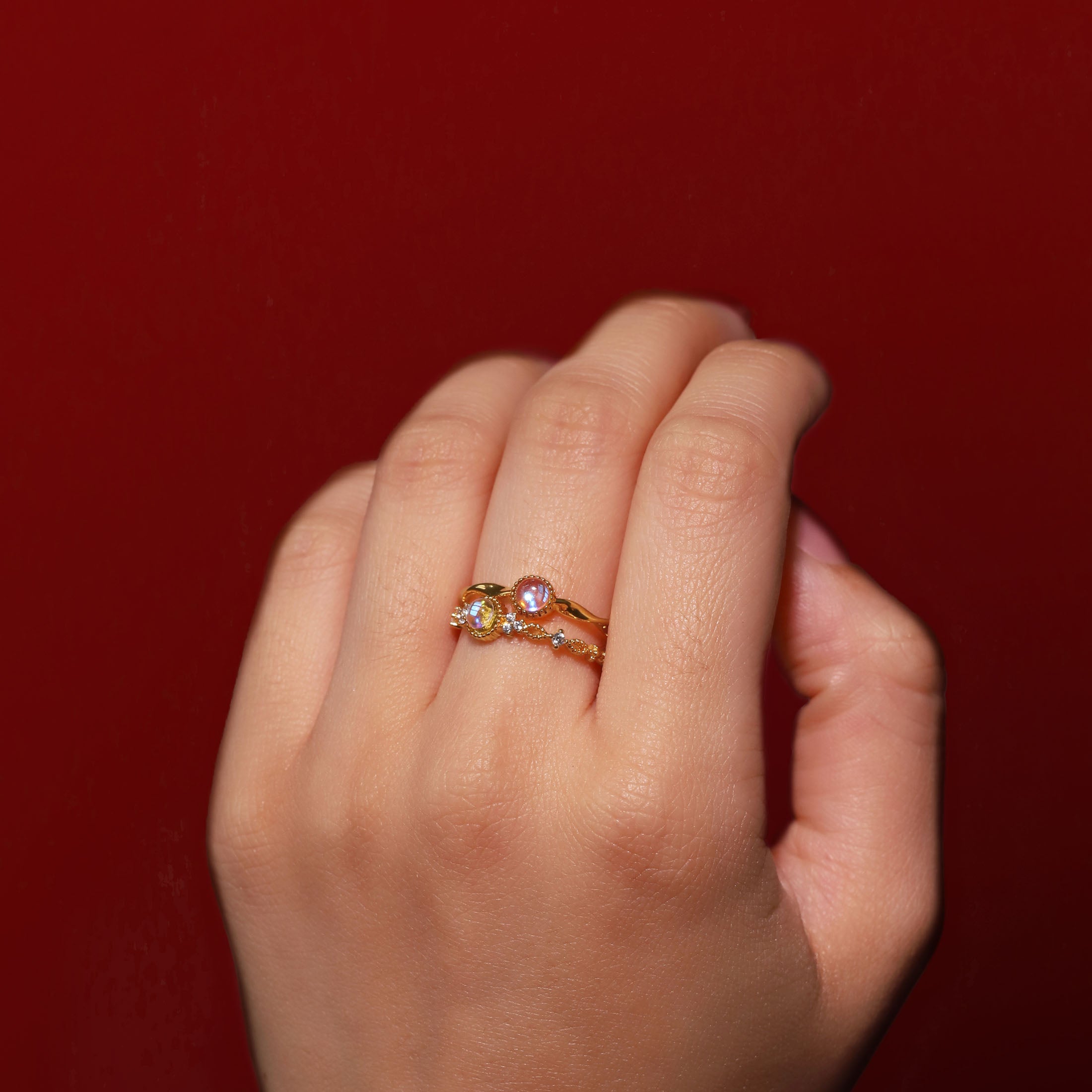 Talia Moonstone Twist Band Ring On Model 2 - Gold