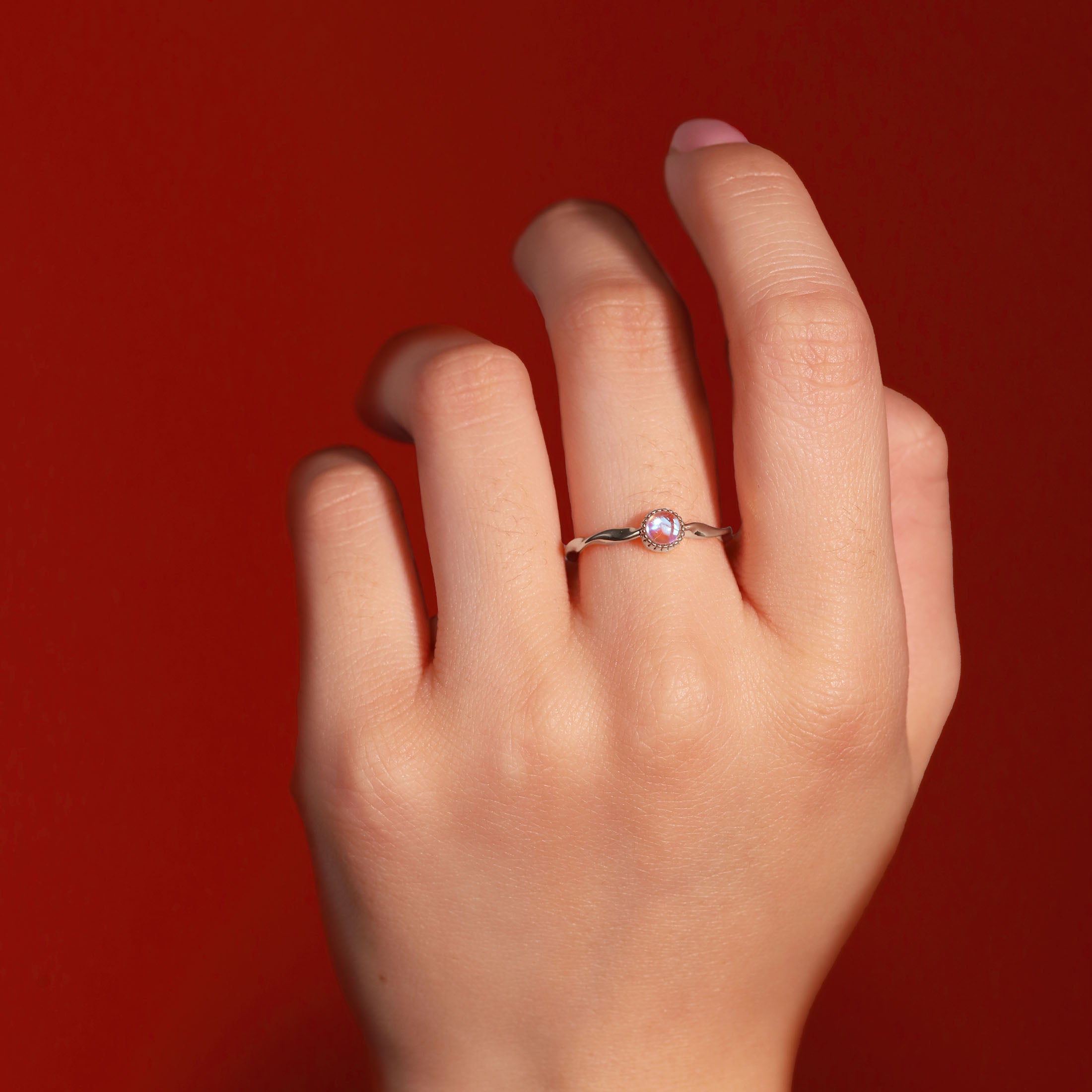Talia Moonstone Twist Band Ring On Model - Sterling Silver