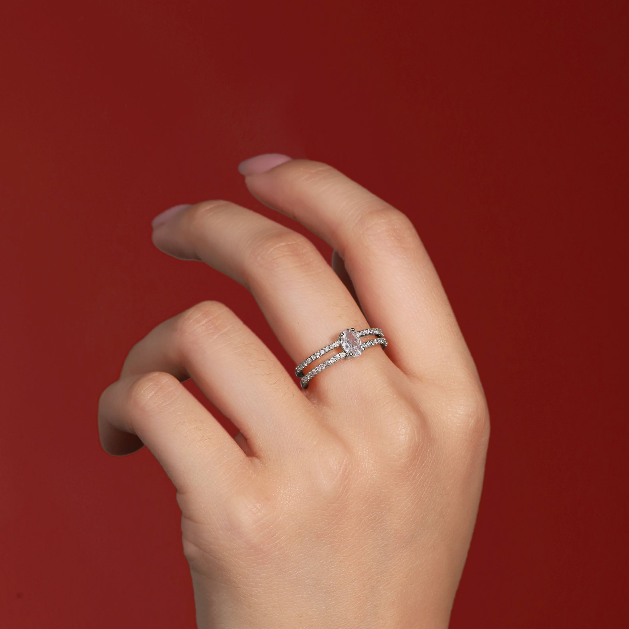 Vivienne Double Band Gemstone Ring On Model - Sterling Silver