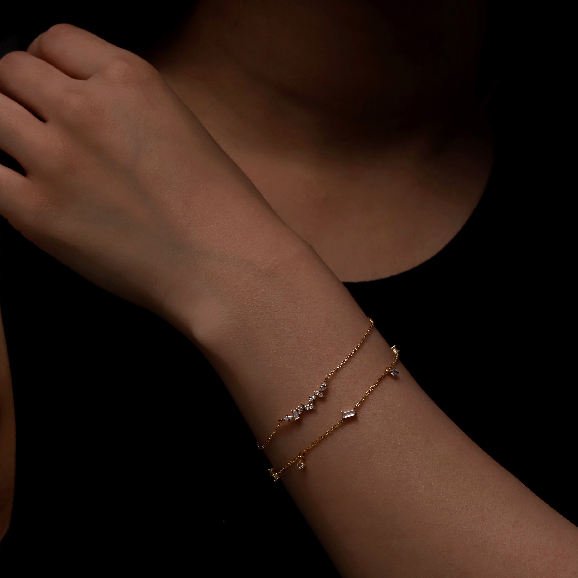 Tracey Baguette & Round Gemstone Bracelet On Model - Gold