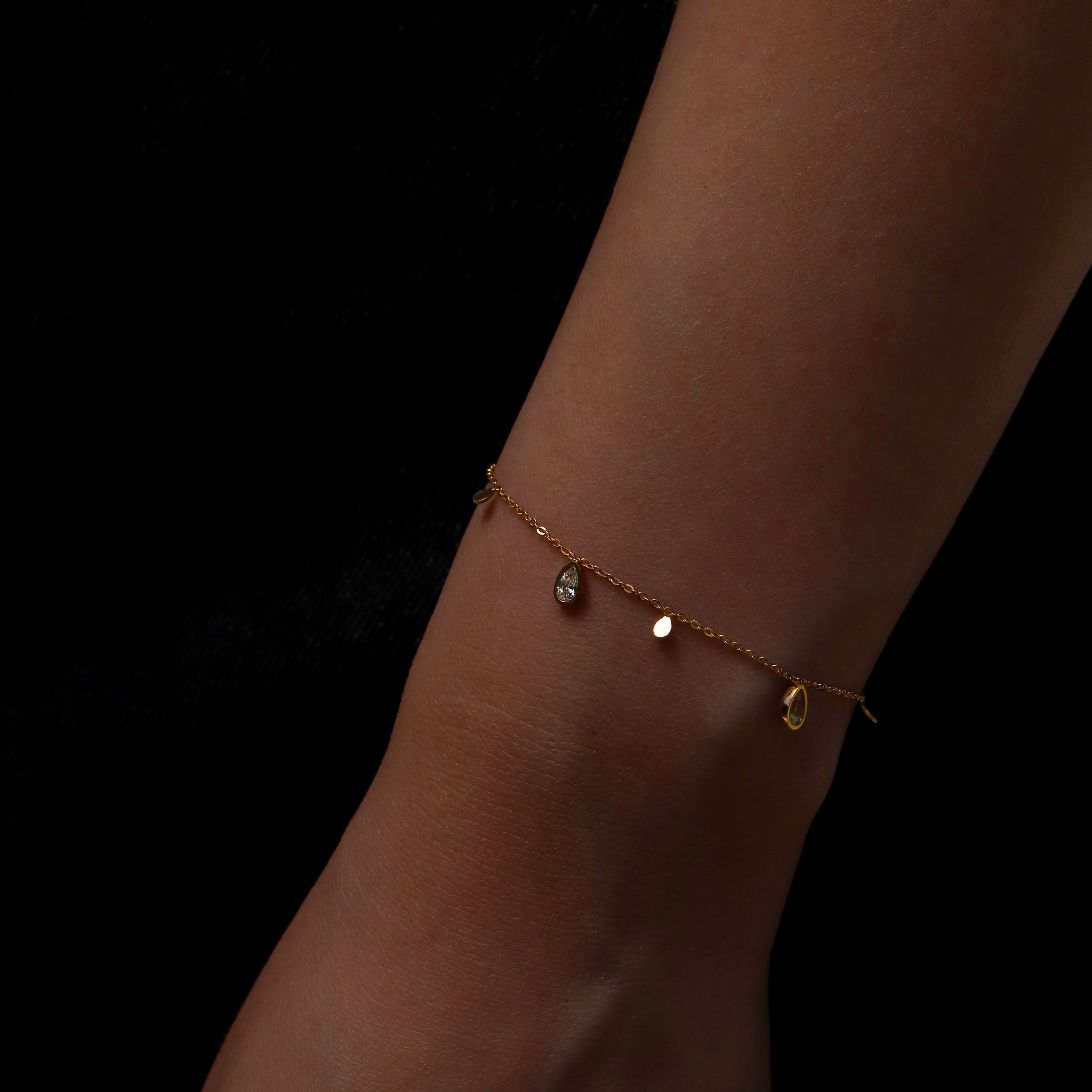 Elle Teardrop Gemstone & Charm Bracelet On Model 2 - Gold