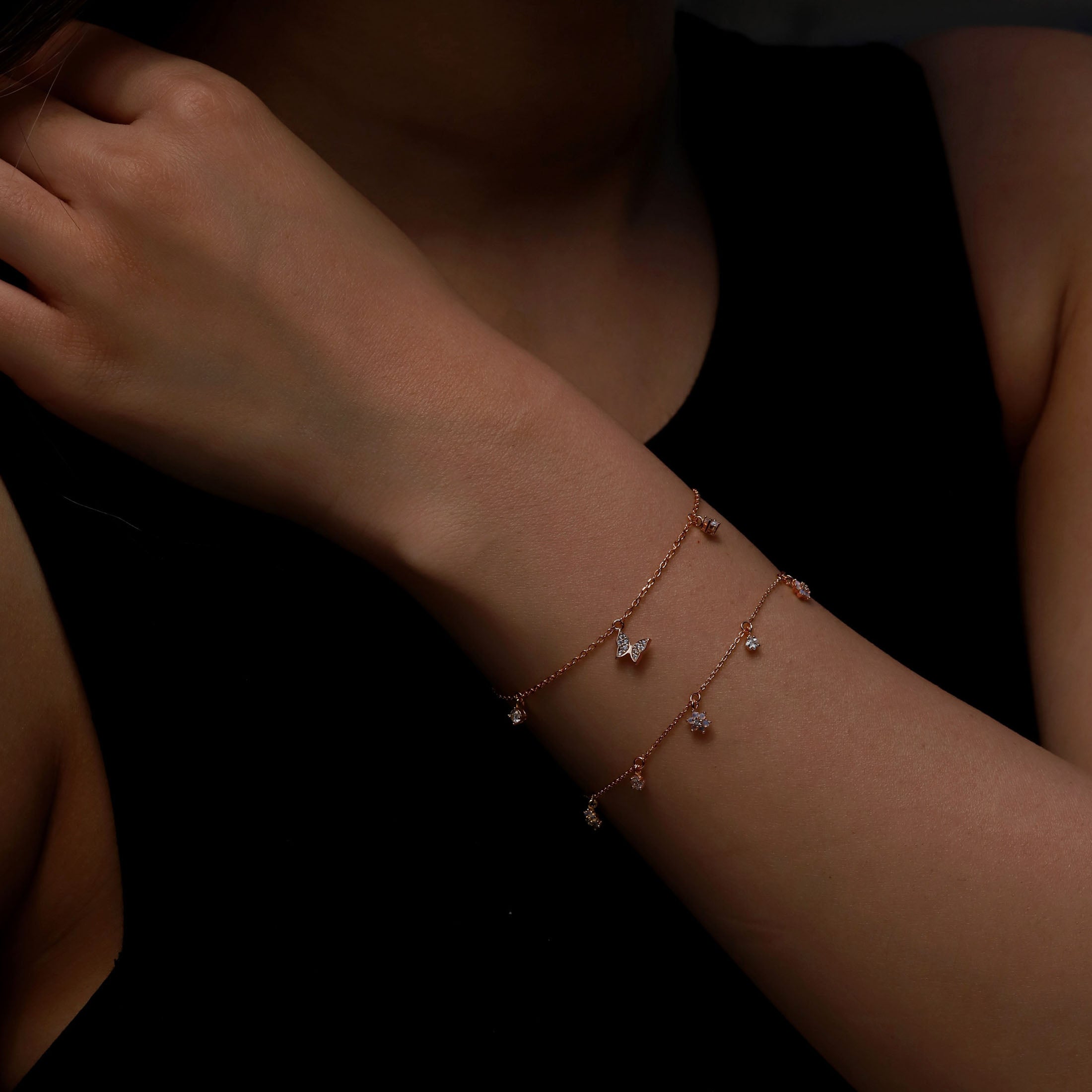 Lush Flower & Gemstone Bracelet On Model - Rose Gold