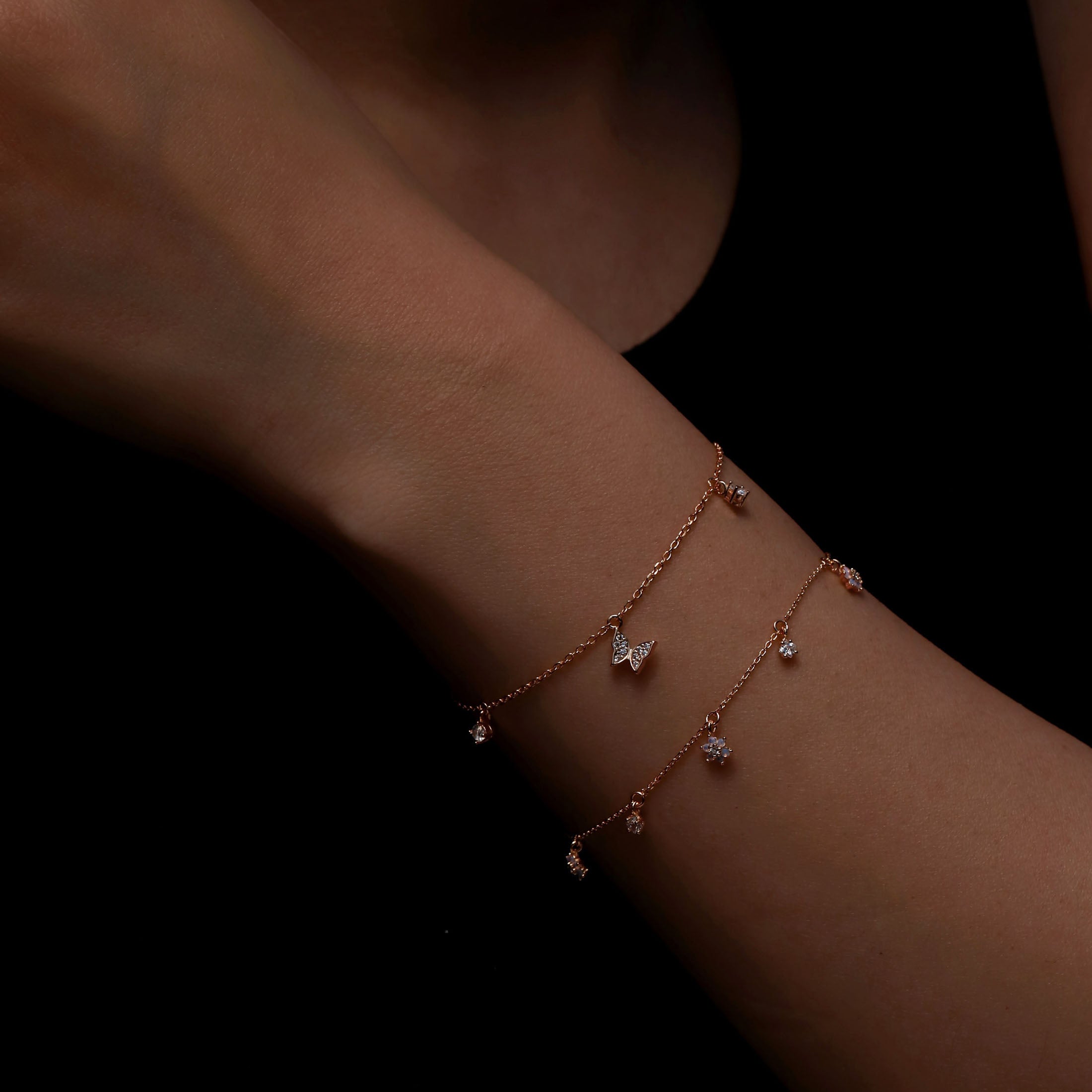 Flutter Butterfly Gemstone Charm Bracelet On Model 2 - Rose Gold