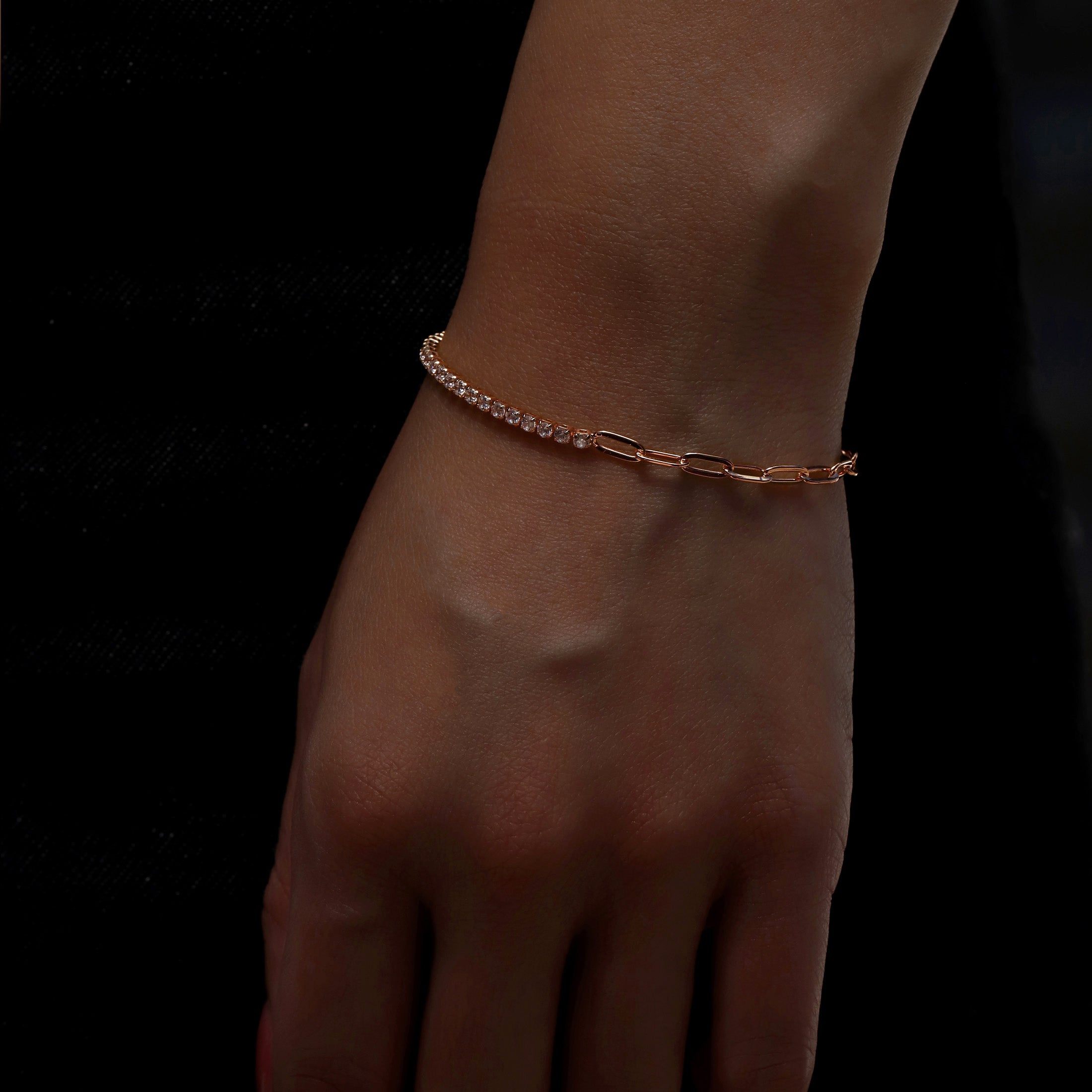 Macey Gemstone Tennis & Paperclip Chain Bracelet On Model 2 - Rose Gold