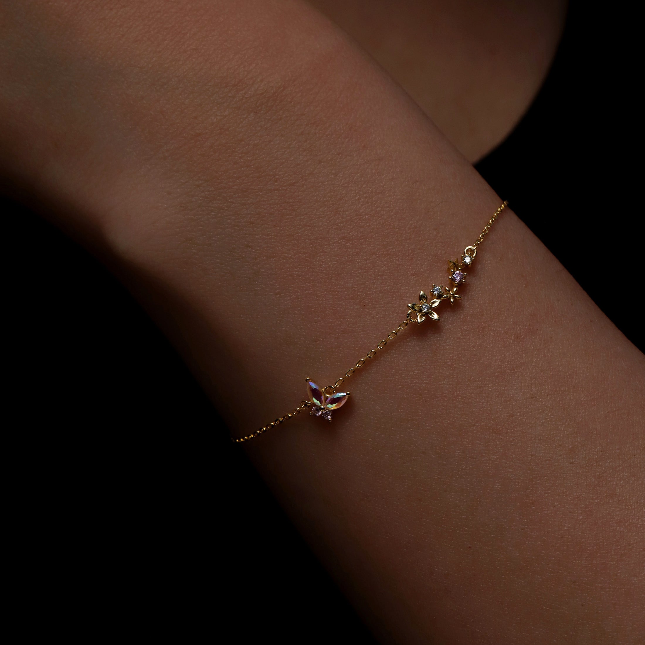 Nectar Butterfly & Flower Gemstone Bracelet On Model 2 - Gold