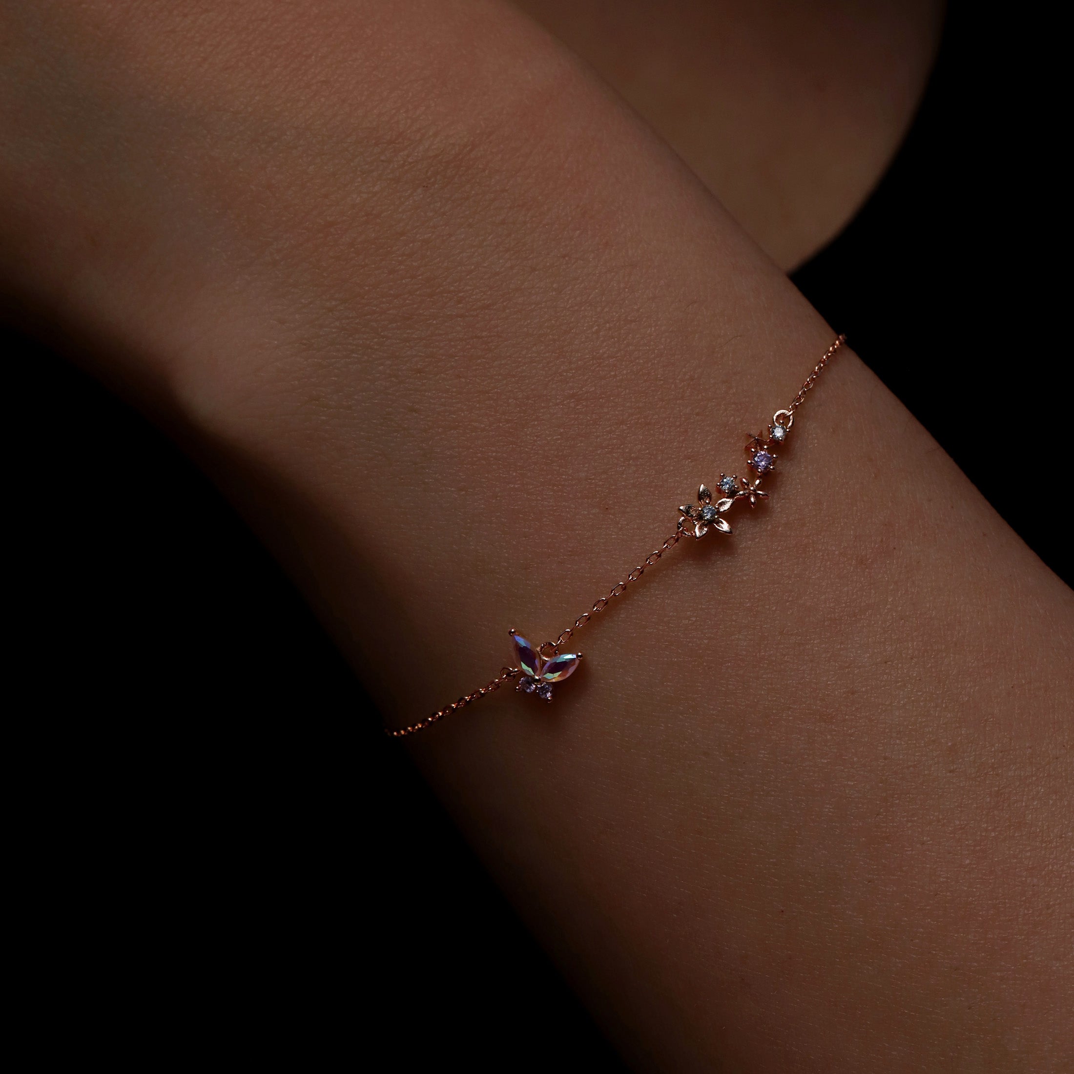 Nectar Butterfly & Flower Gemstone Bracelet On Model 2 - Rose Gold