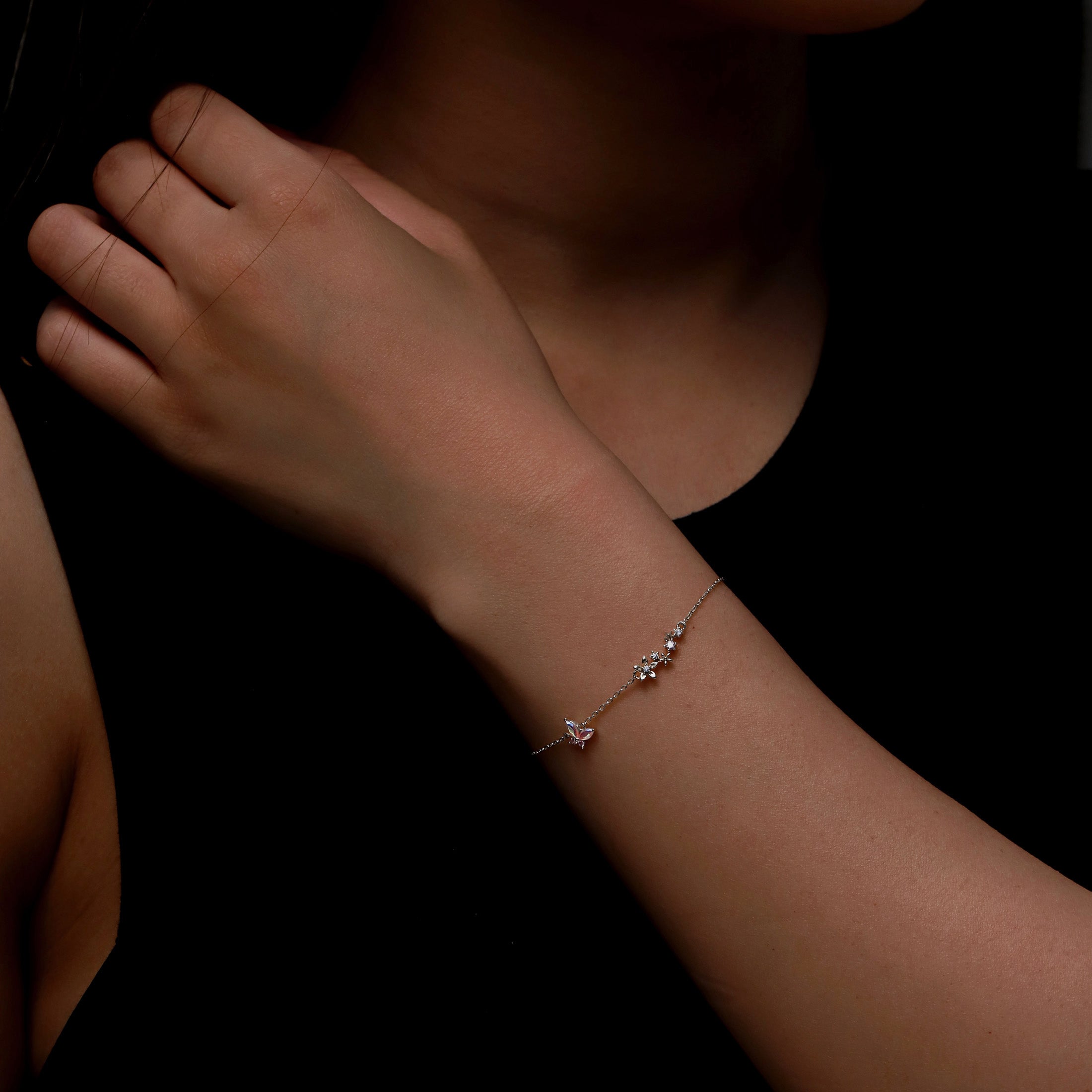 Nectar Butterfly & Flower Gemstone Bracelet On Model - Silver