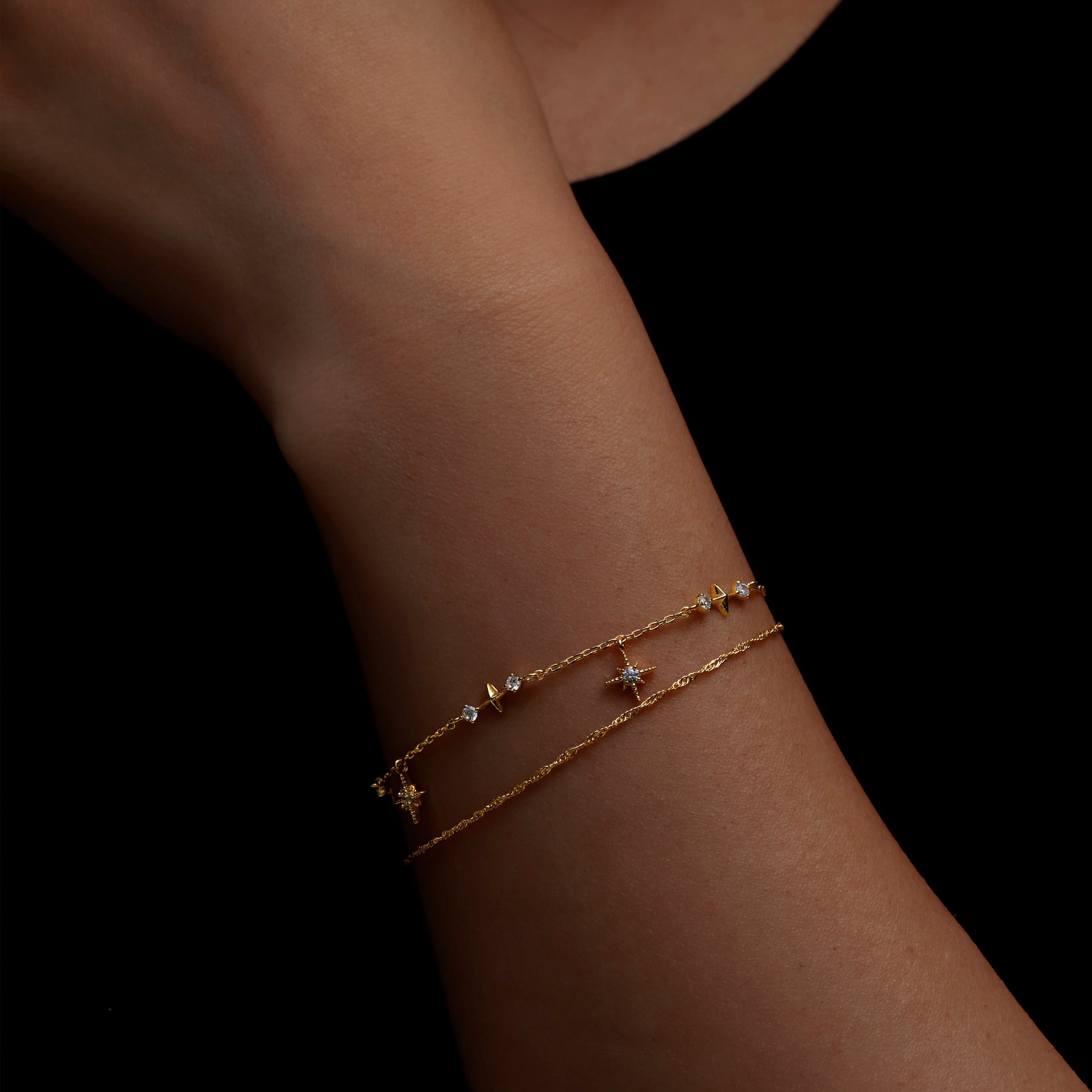 Nova Double Chain Stars & Gemstone Bracelet On Model - Gold